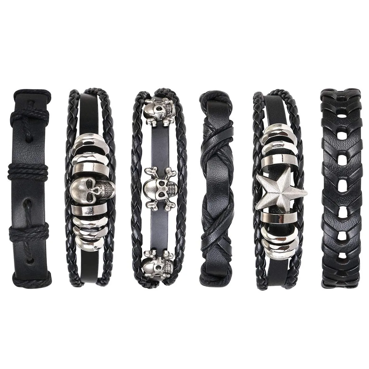 flintronic Braccialetto in pelle intrecciato stile punk, set da 6 pezzi, regolabile, 18 centimetri - immagine 1