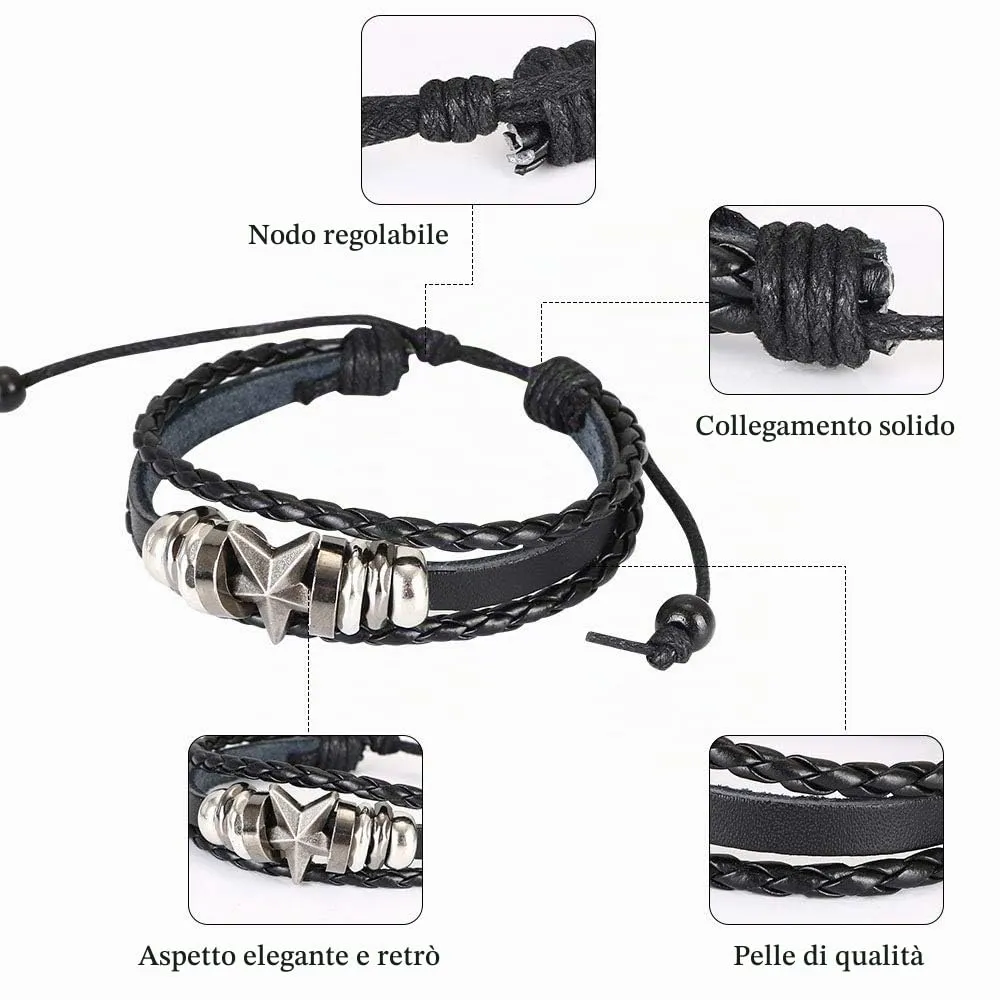 flintronic Braccialetto in pelle intrecciato stile punk, set da 6 pezzi, regolabile, 18 centimetri - immagine 3