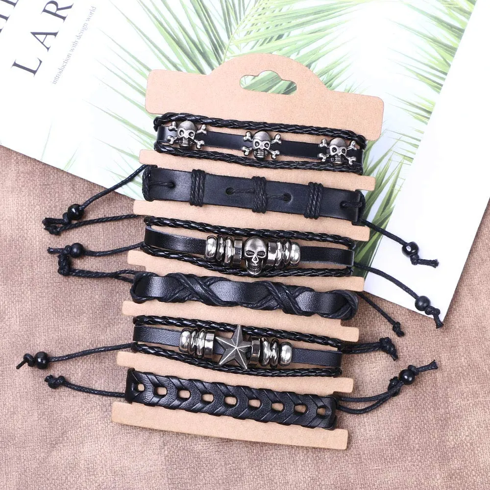 flintronic Braccialetto in pelle intrecciato stile punk, set da 6 pezzi, regolabile, 18 centimetri - immagine 4
