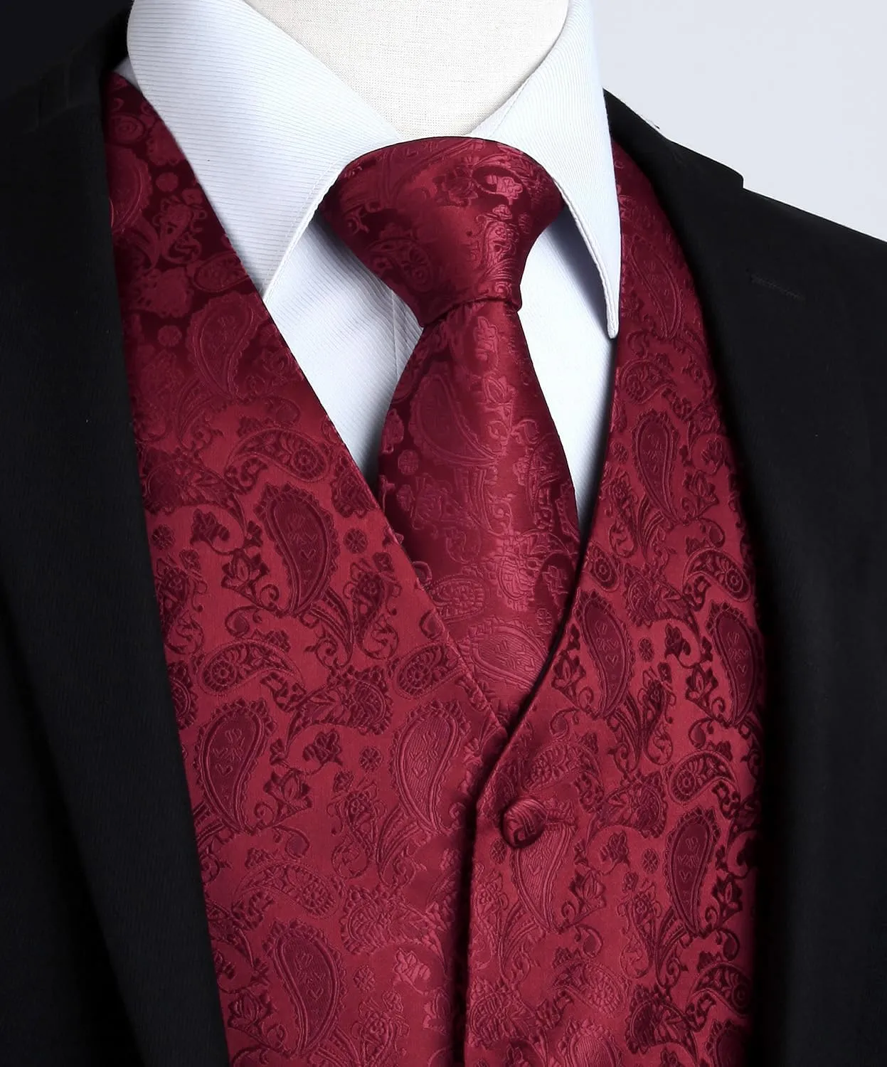 HISDERN Set Gilet da Uomo in Jacquard Paisley Floreale con Cravatta e Fazzoletto - Borgogna - immagine 2