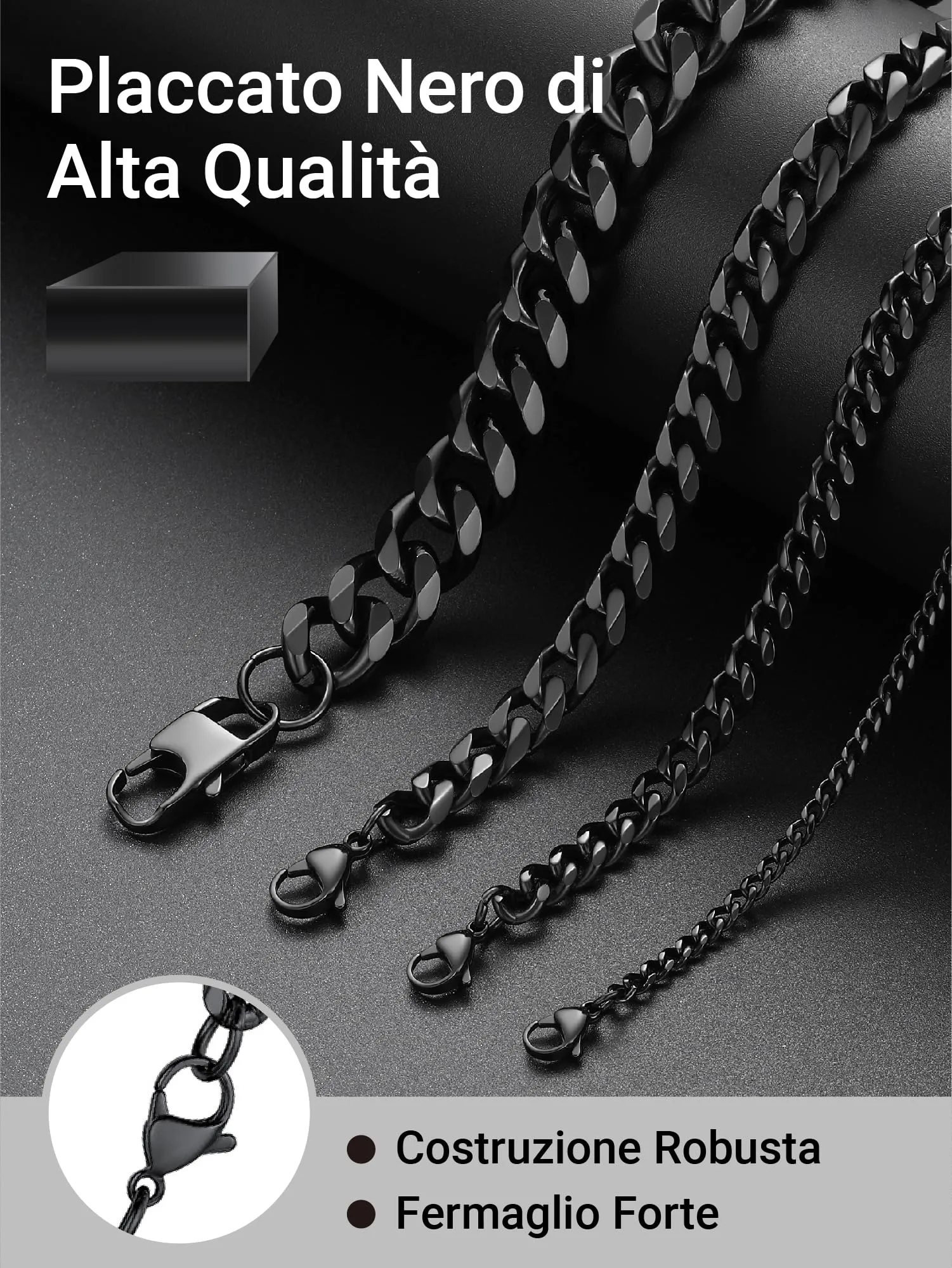 PROSTEEL Collana a Catena Cubana Uomo, Acciaio Inossidabile, Nero, 9 mm x 70 cm - immagine 3