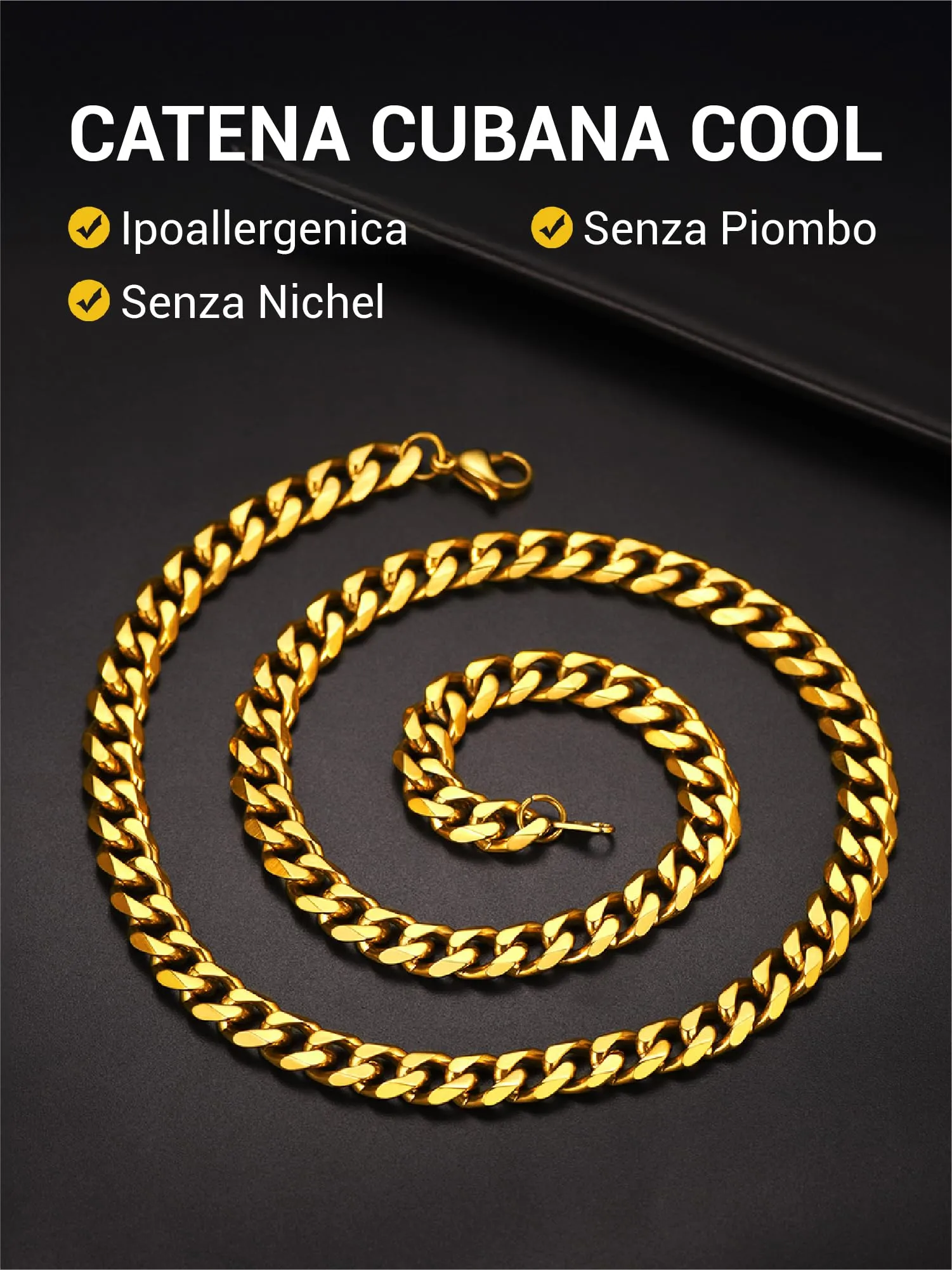 PROSTEEL Collana a Catena Barbazzale Cubana, Acciaio IONX Placcato Oro 18K, 9 mm x 50 cm - immagine 7