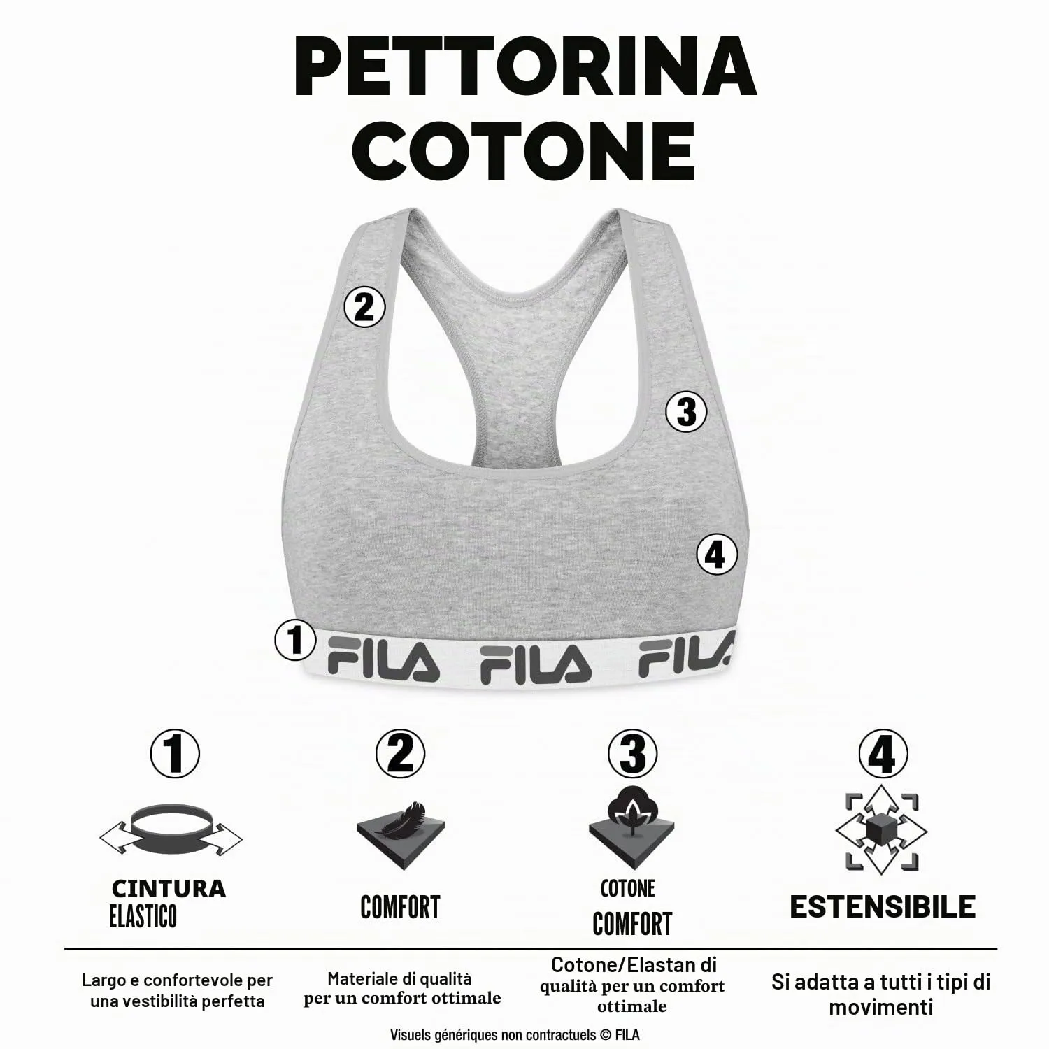 Fila Reggiseno Sportivo in Cotone Senza Ferretto, Grigio, XL - immagine 3