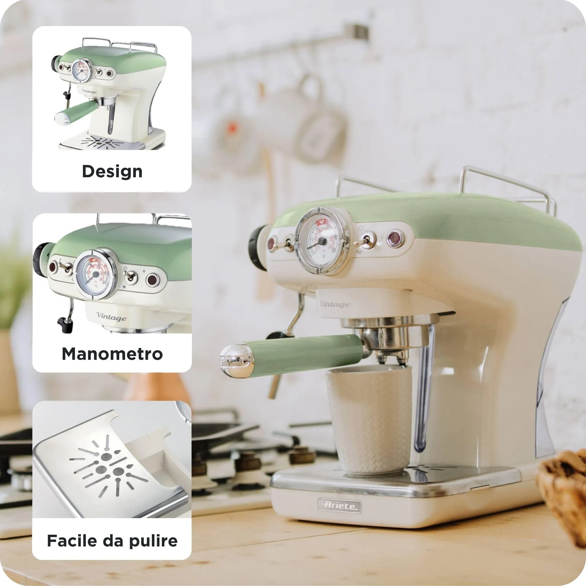 Ariete Caffè Espresso Vintage 1389, Macchina per Caffè Espresso per Polvere o Cialda ESE, 15 Bar, 850W, Verde - immagine 3