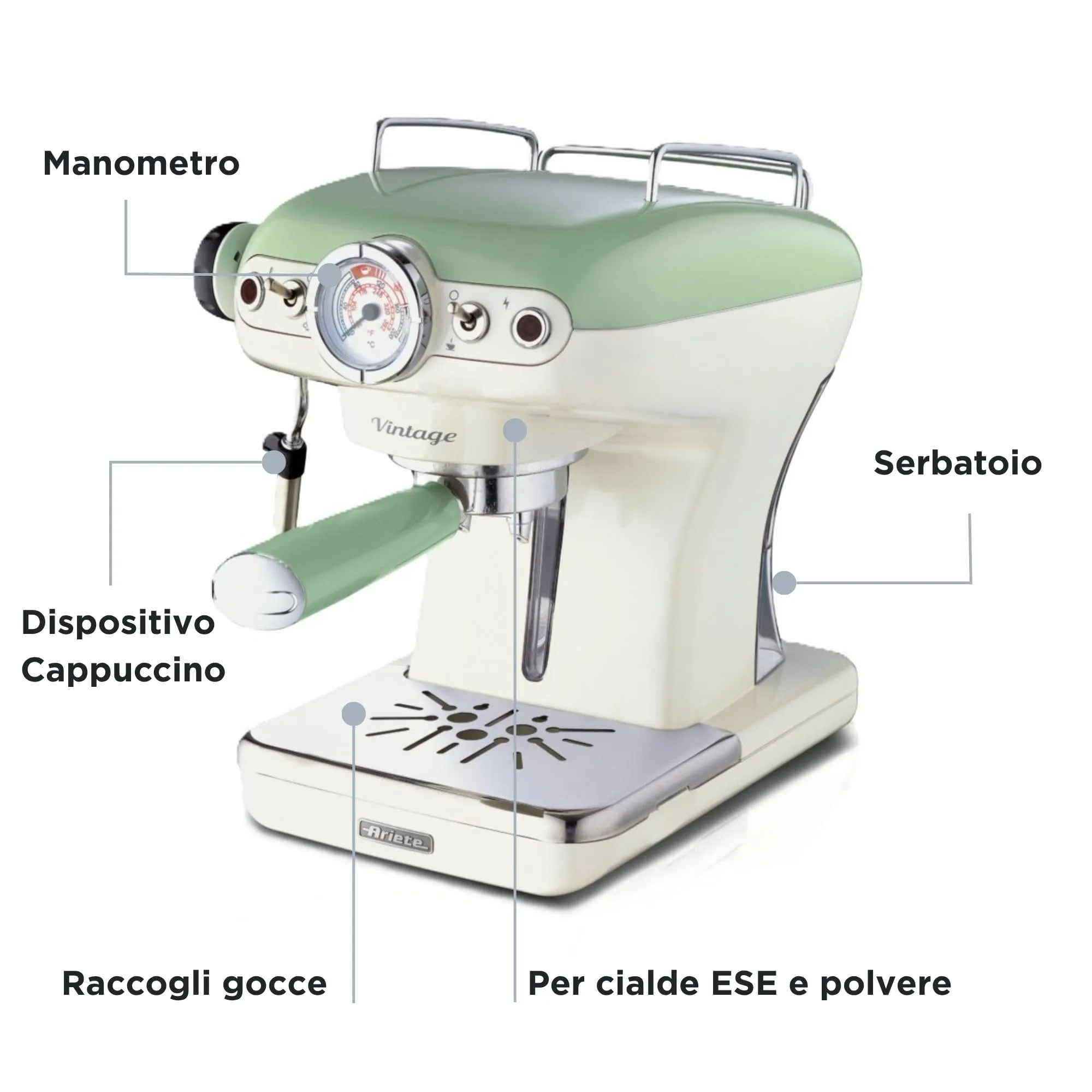 Ariete Caffè Espresso Vintage 1389, Macchina per Caffè Espresso per Polvere o Cialda ESE, 15 Bar, 850W, Verde - immagine 5
