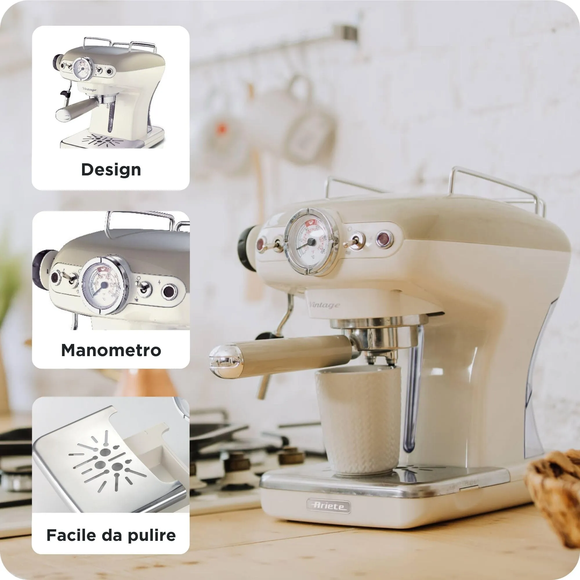 Ariete Vintage 1389 Macchina per Caffè Espresso, Polvere o Cialde ESE, 15 Bar, 850W, Beige - immagine 4