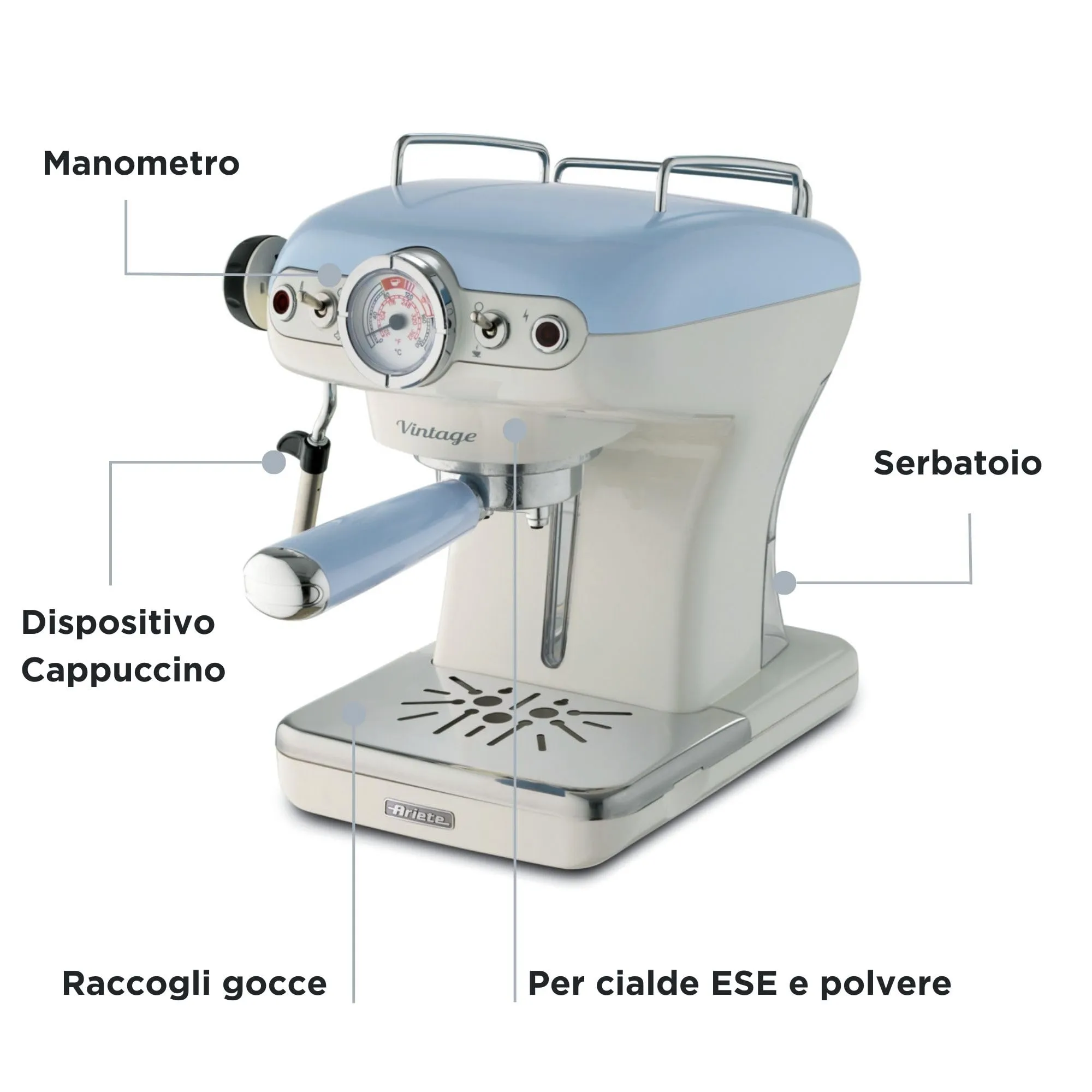 Ariete Caffè Espresso Vintage 1389, Macchina per Caffè Espresso per Polvere o Cialda ESE, 15 Bar, 850W, Celeste - immagine 3