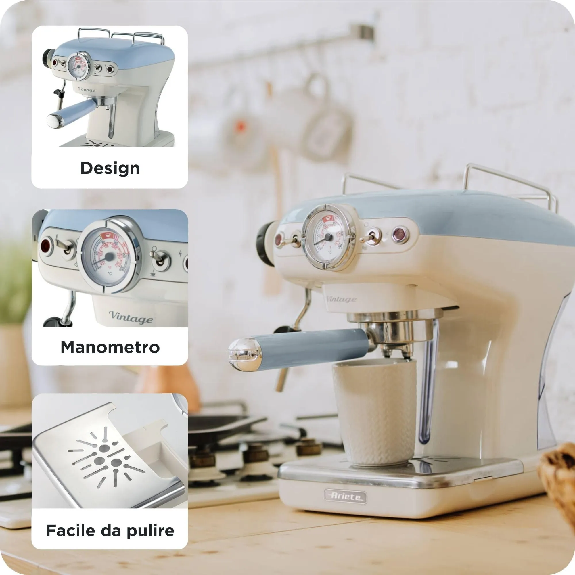 Ariete Caffè Espresso Vintage 1389, Macchina per Caffè Espresso per Polvere o Cialda ESE, 15 Bar, 850W, Celeste - immagine 5