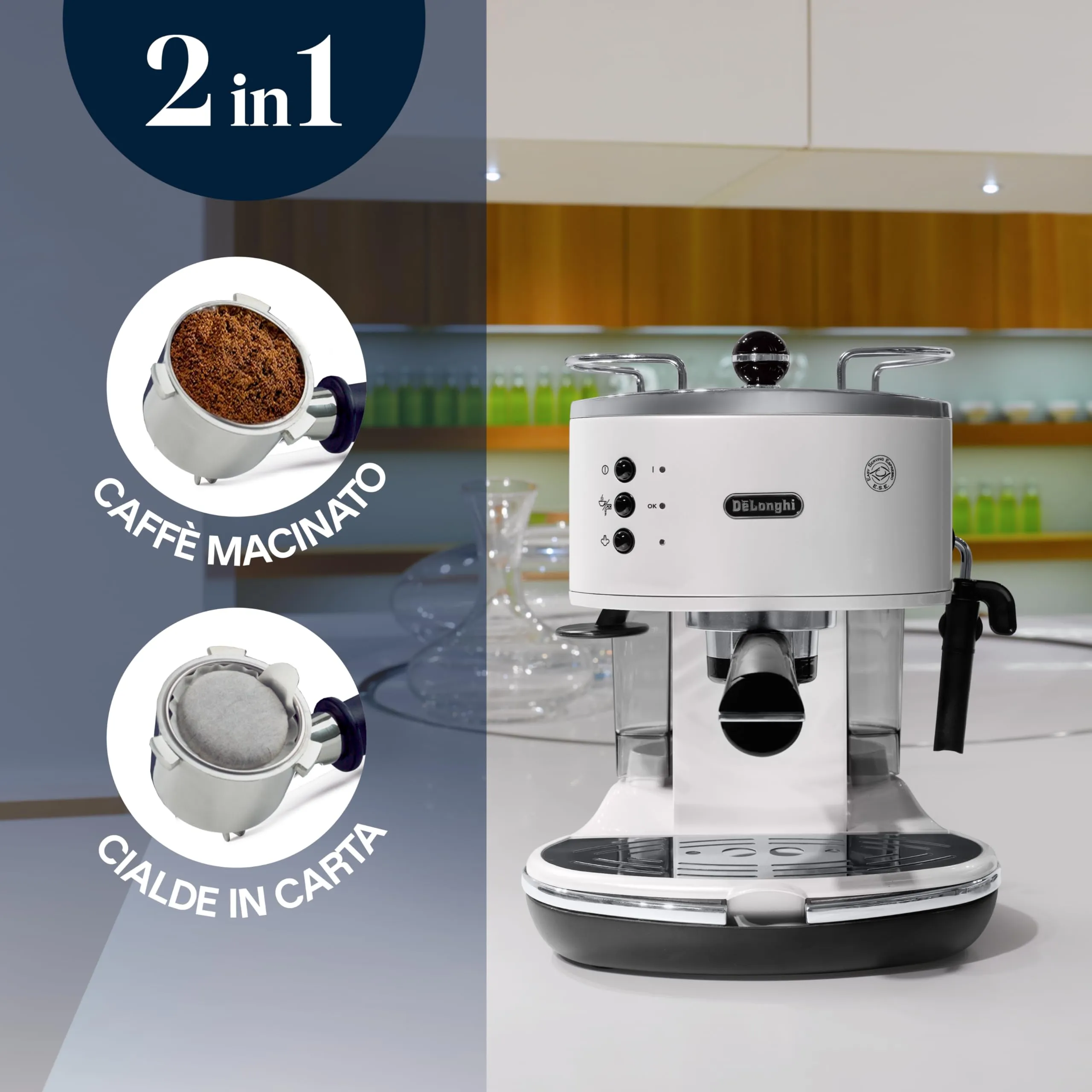 De'Longhi ICONA ECO311.W Macchina da Caffè Espresso e Cappuccino, Polvere e Cialde E.S.E., Bianco - immagine 2