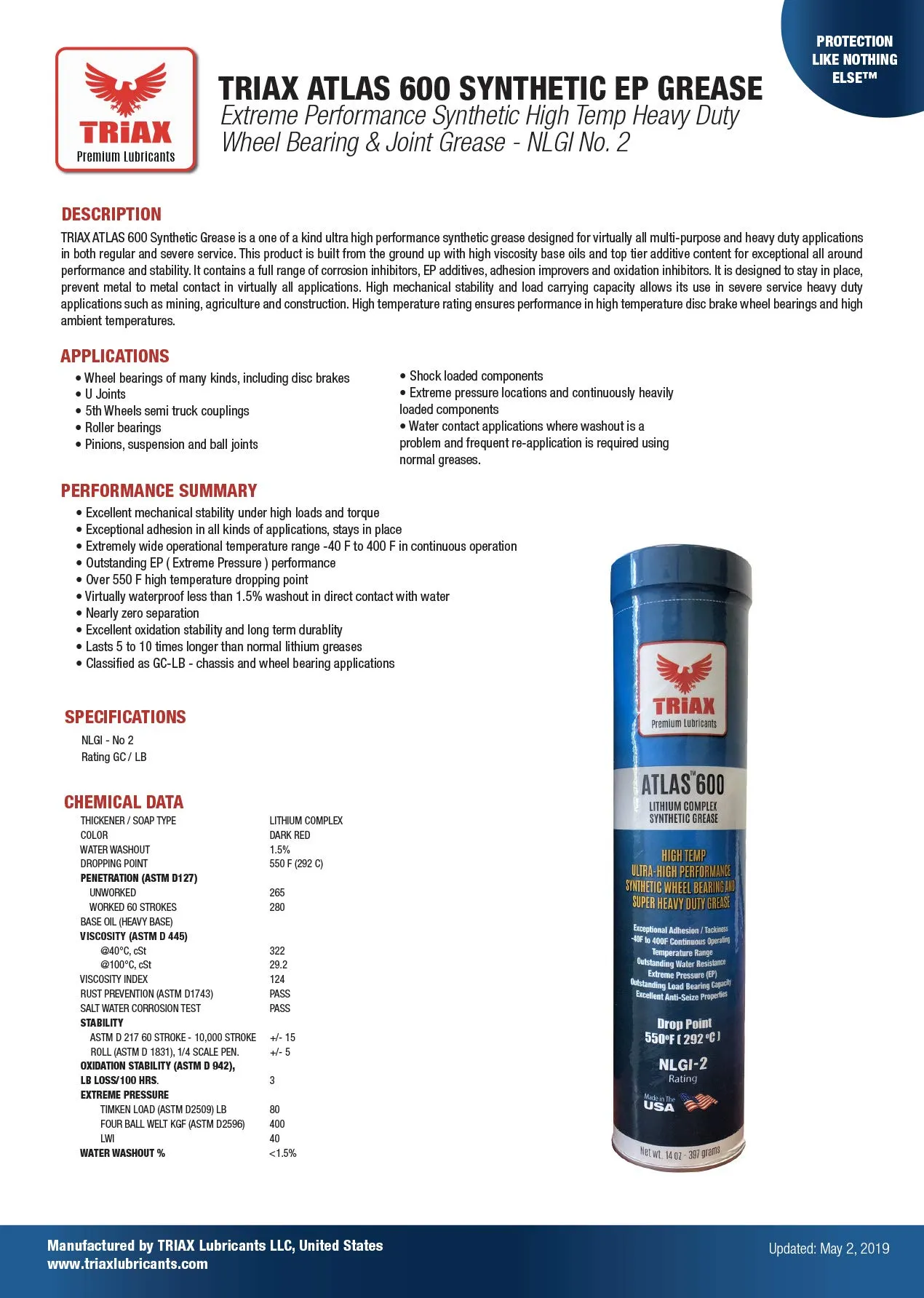 TRIAX Atlas 600 Grasso Sintetico Blu NLGI 2 (50 cartucce da 400 g) - immagine 2