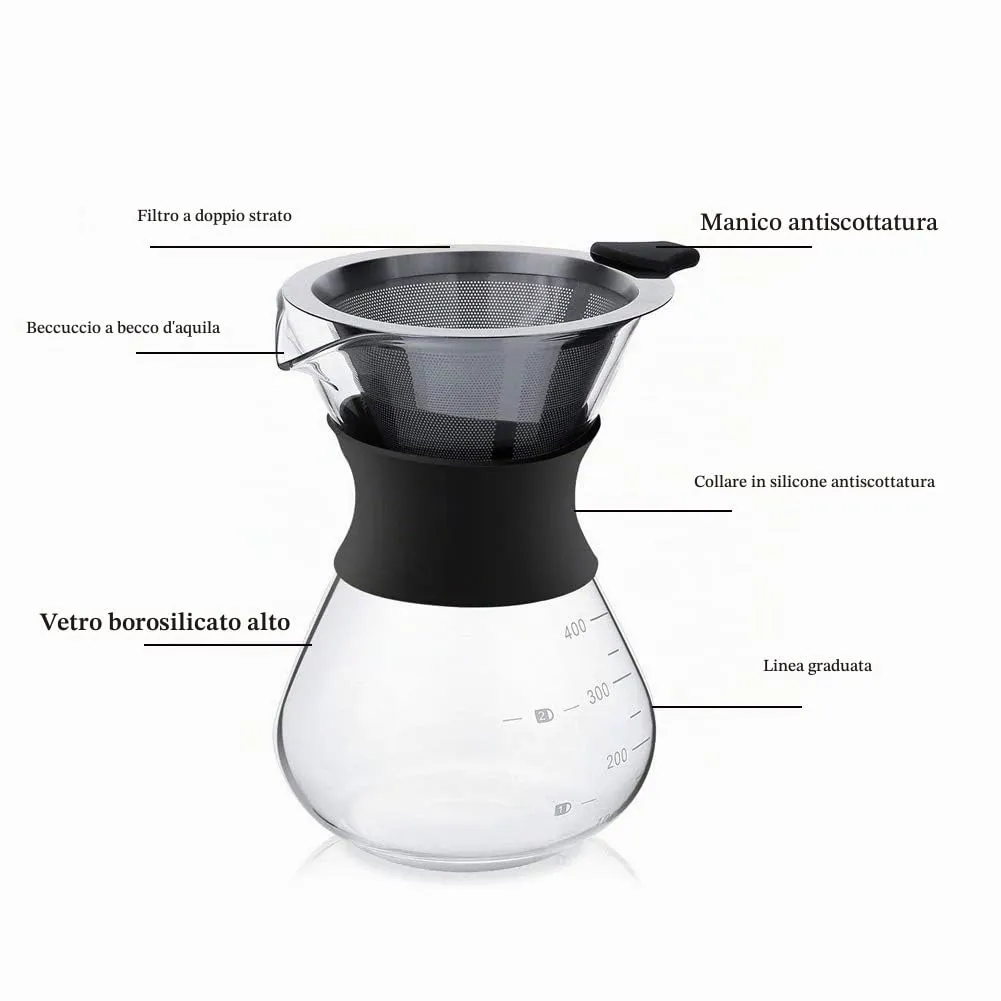 YunNasi Pour Over Coffee Maker con Caraffa in Vetro e Filtro Permanente in Acciaio Inox, 400ml - immagine 2