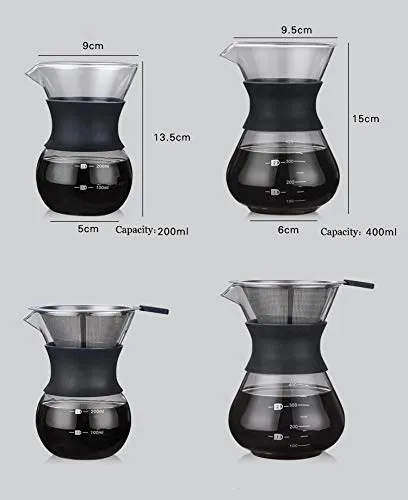 YunNasi Pour Over Coffee Maker con Caraffa in Vetro e Filtro Permanente in Acciaio Inox, 400ml - immagine 3