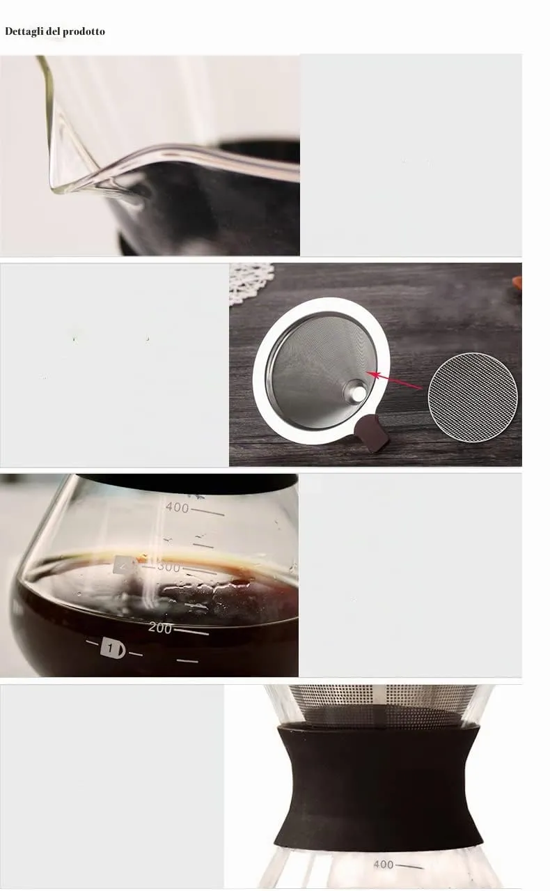 YunNasi Pour Over Coffee Maker con Caraffa in Vetro e Filtro Permanente in Acciaio Inox, 400ml - immagine 4