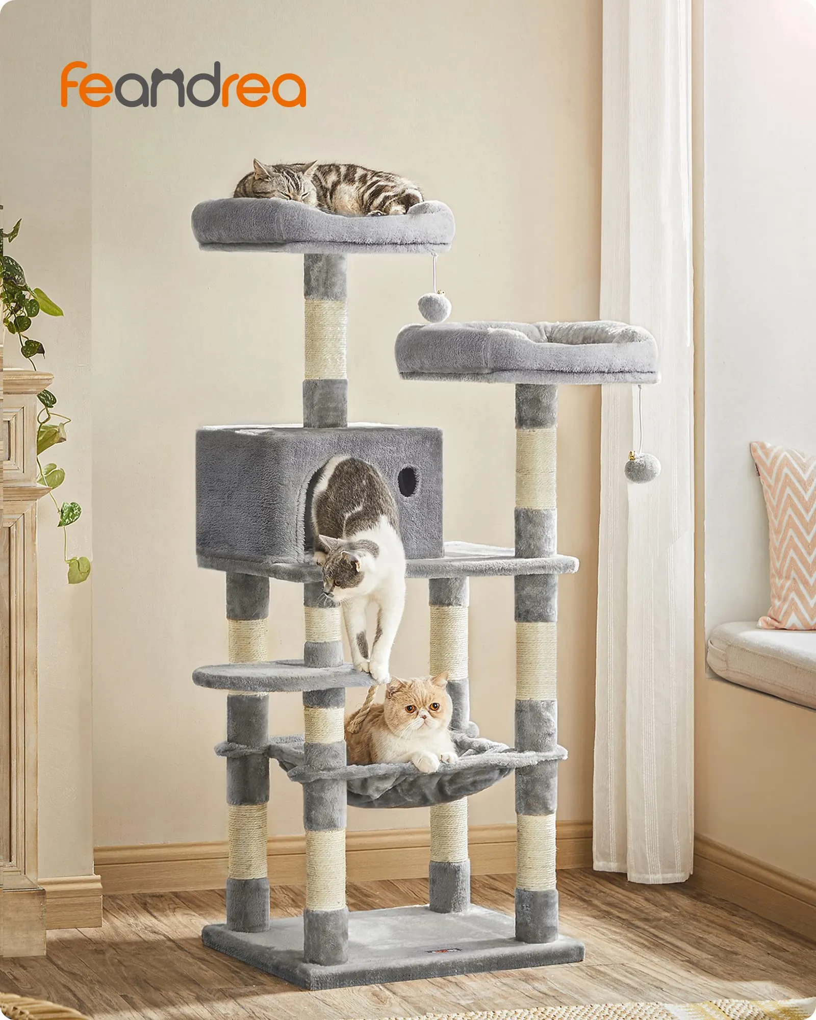 Feandrea Albero per Gatti a più Livelli in Peluche, 143 cm, Bianco Crema - immagine 2