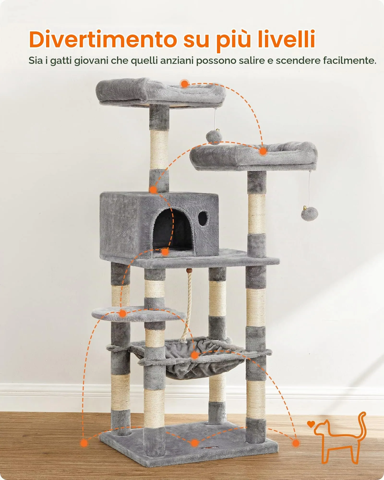 Feandrea Albero per Gatti a più Livelli in Peluche, 143 cm, Bianco Crema - immagine 3