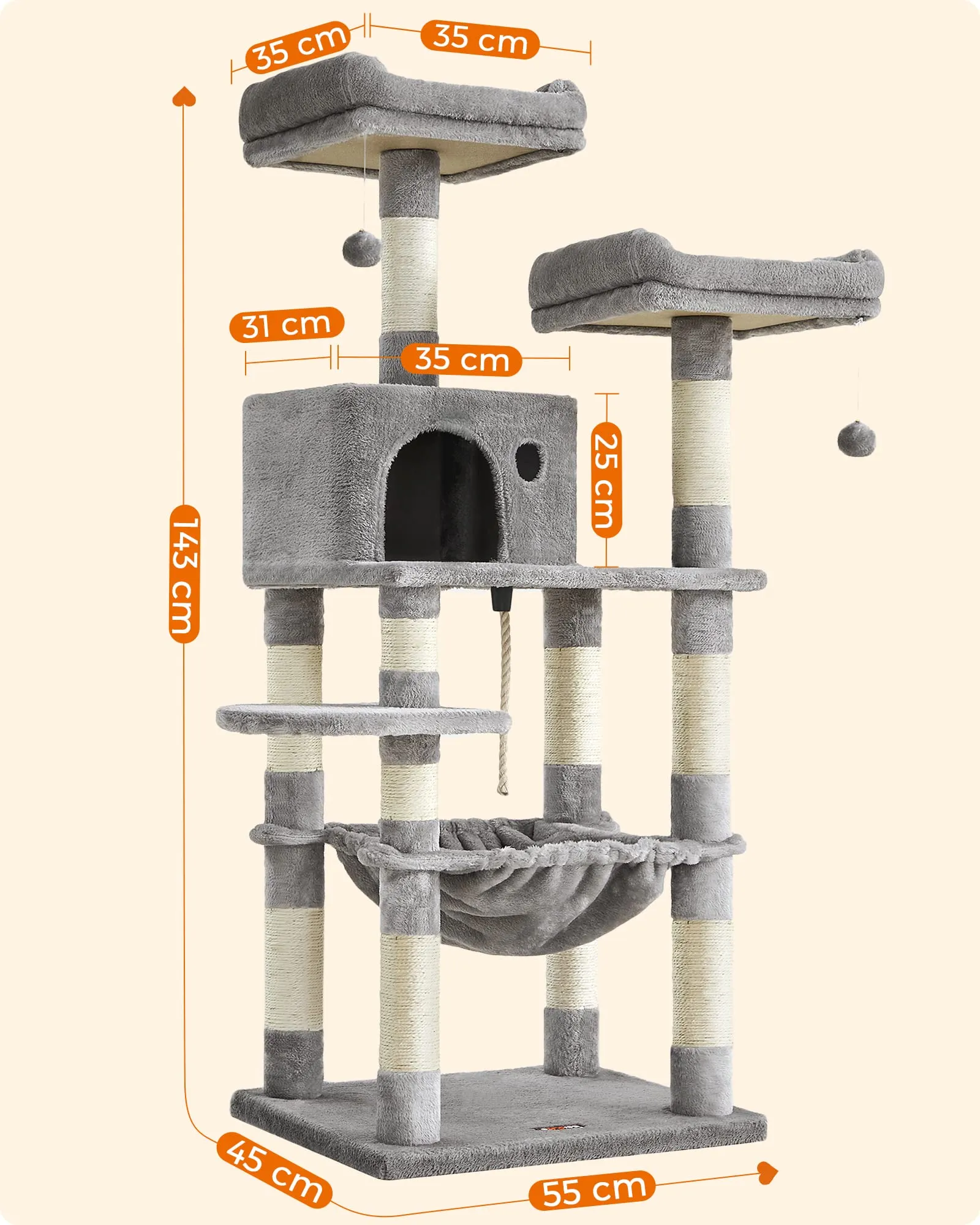 Feandrea Albero per Gatti a più Livelli in Peluche, 143 cm, Bianco Crema - immagine 4