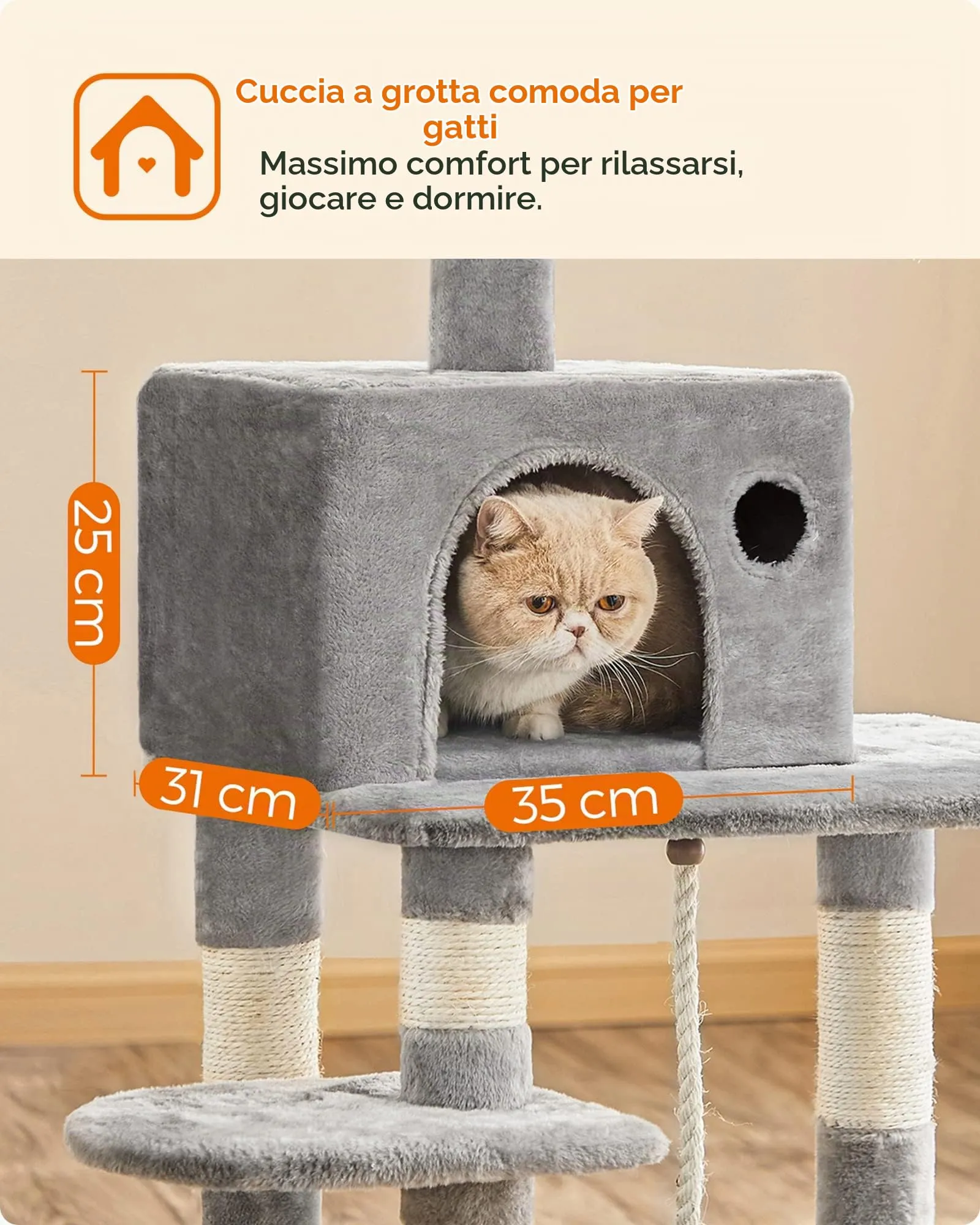 Feandrea Albero per Gatti a più Livelli in Peluche, 143 cm, Bianco Crema - immagine 5