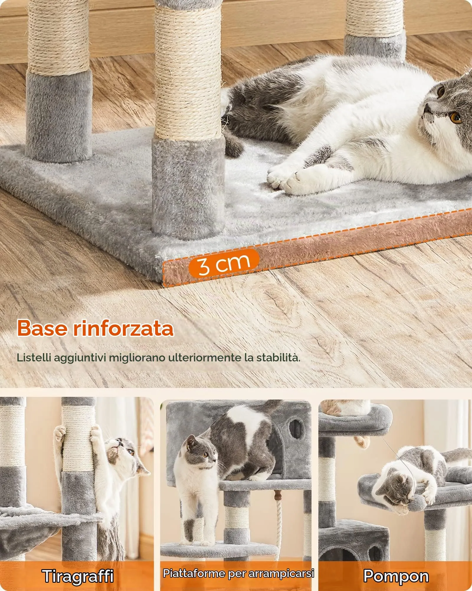Feandrea Albero per Gatti a più Livelli in Peluche, 143 cm, Bianco Crema - immagine 6