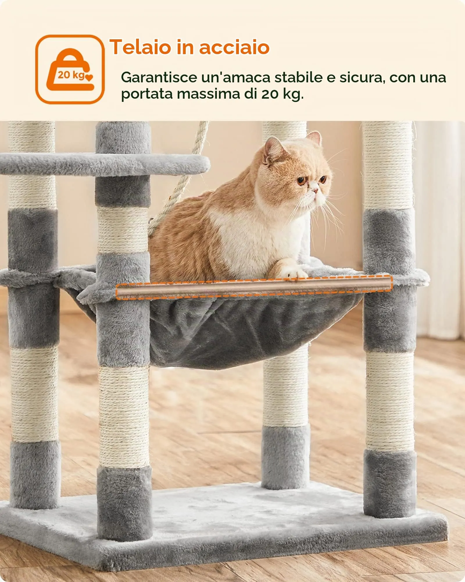 Feandrea Albero per Gatti a più Livelli in Peluche, 143 cm, Bianco Crema - immagine 8