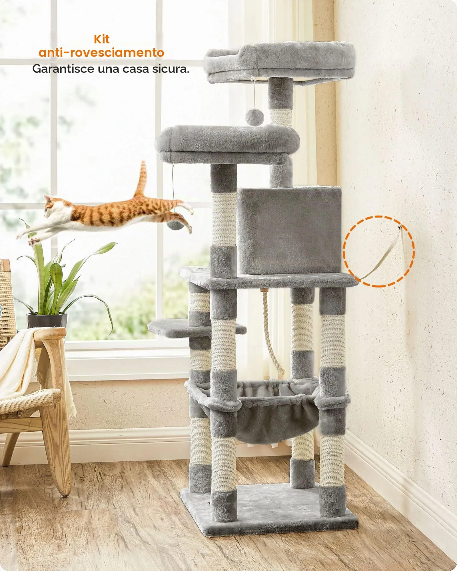 Feandrea Albero per Gatti a più Livelli in Peluche, 143 cm, Bianco Crema - immagine 9