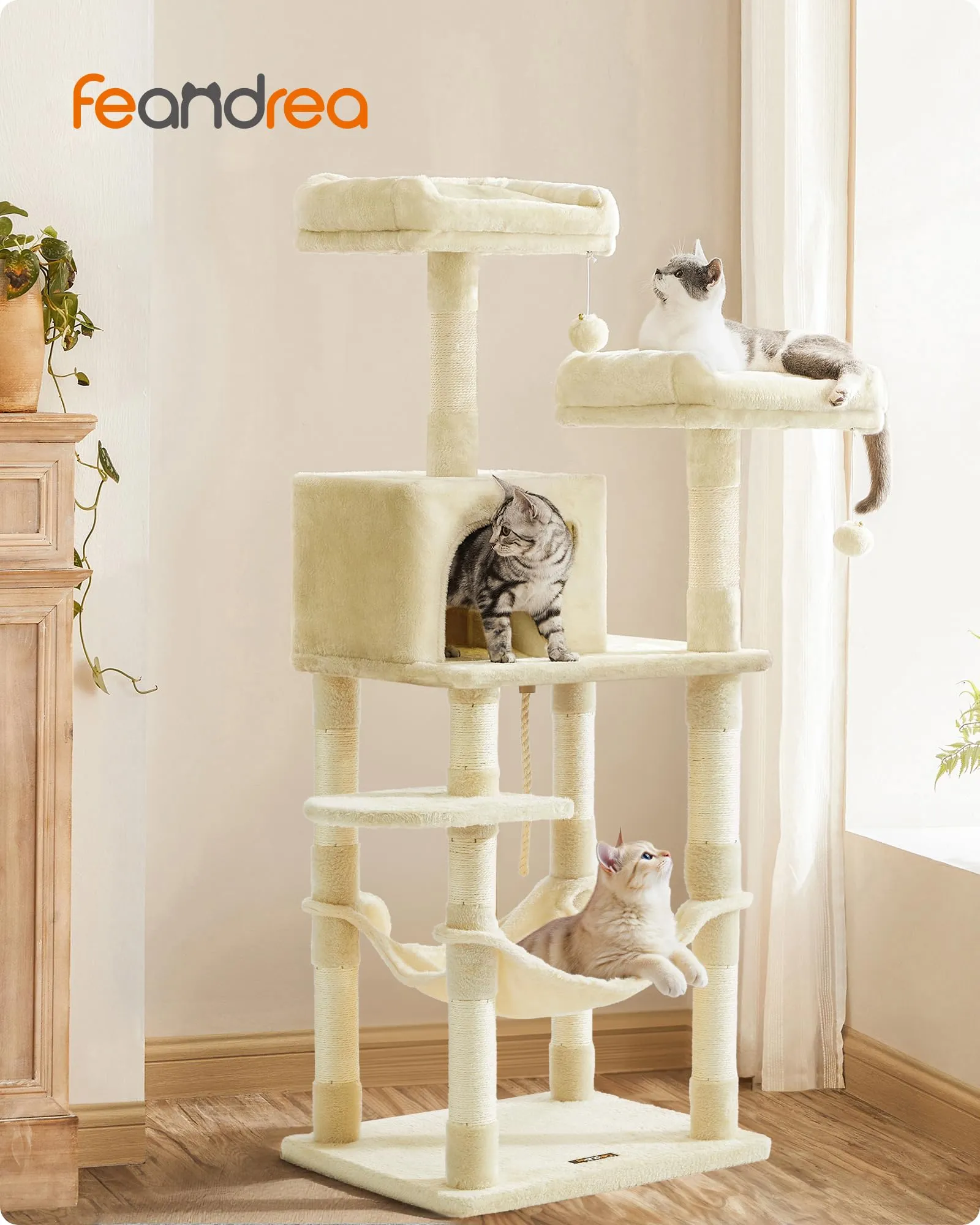 Feandrea Albero per Gatti 143 cm, Peluche, Beige, PCT15BE - immagine 2