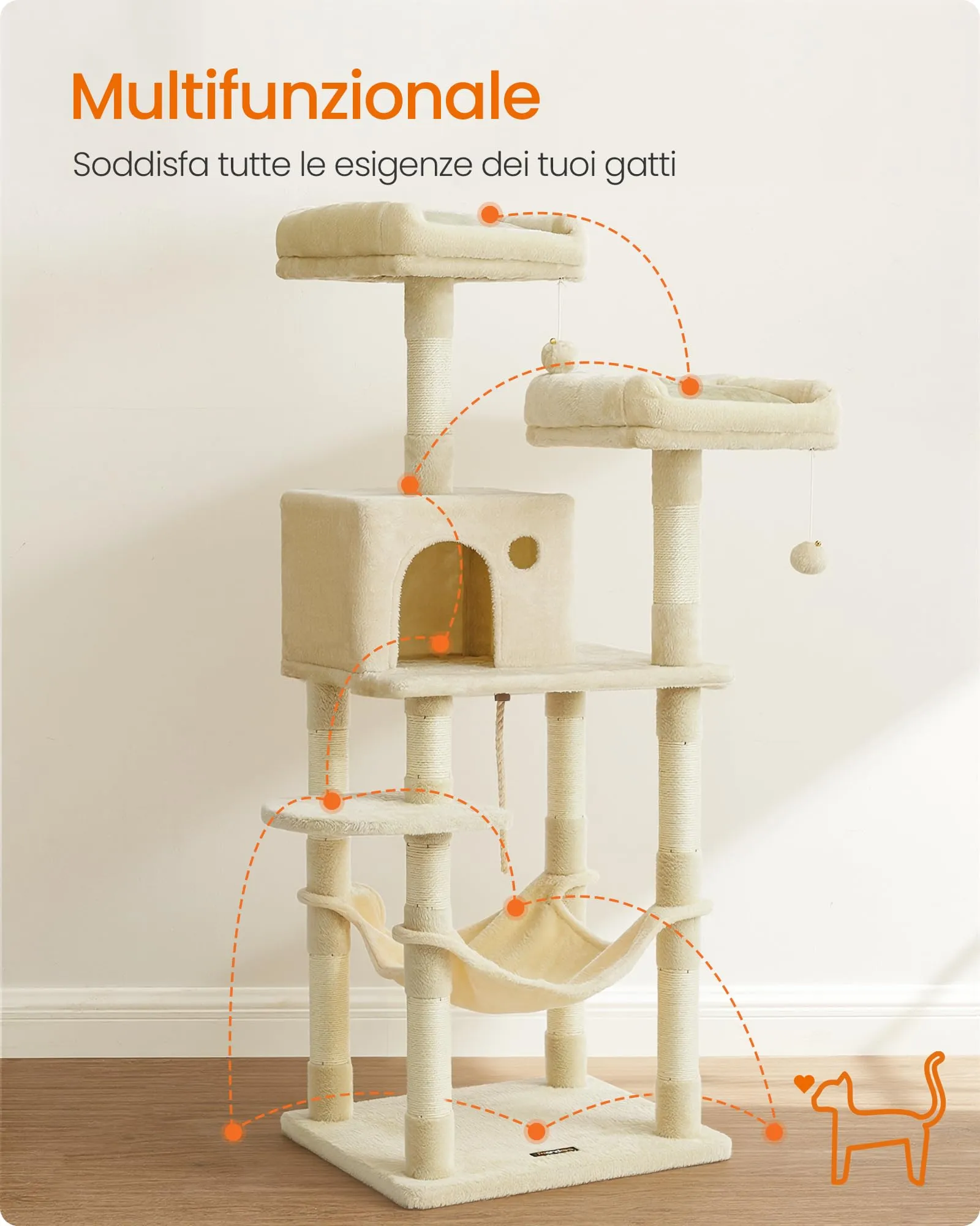 Feandrea Albero per Gatti 143 cm, Peluche, Beige, PCT15BE - immagine 3