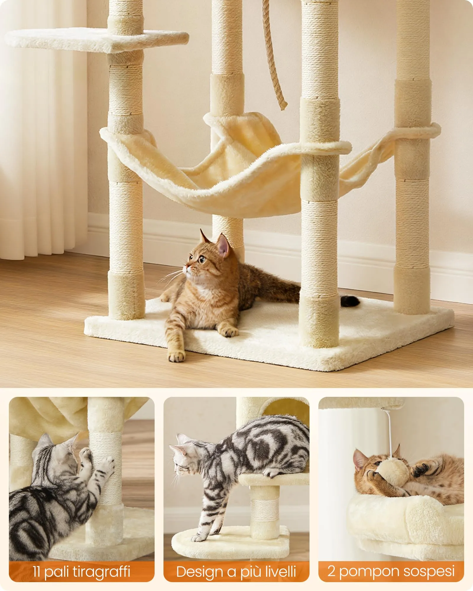 Feandrea Albero per Gatti 143 cm, Peluche, Beige, PCT15BE - immagine 8