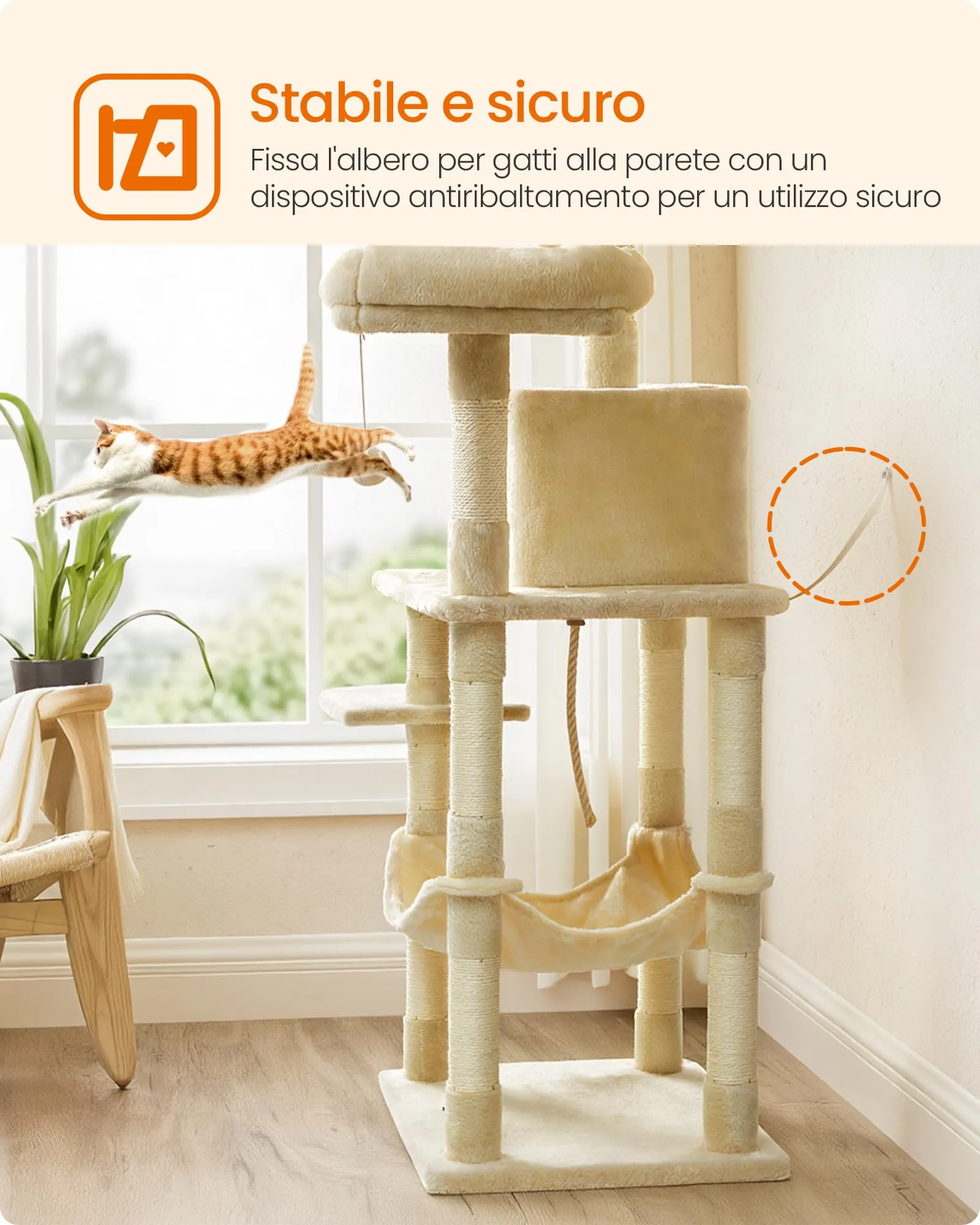 Feandrea Albero per Gatti 143 cm, Peluche, Beige, PCT15BE - immagine 9