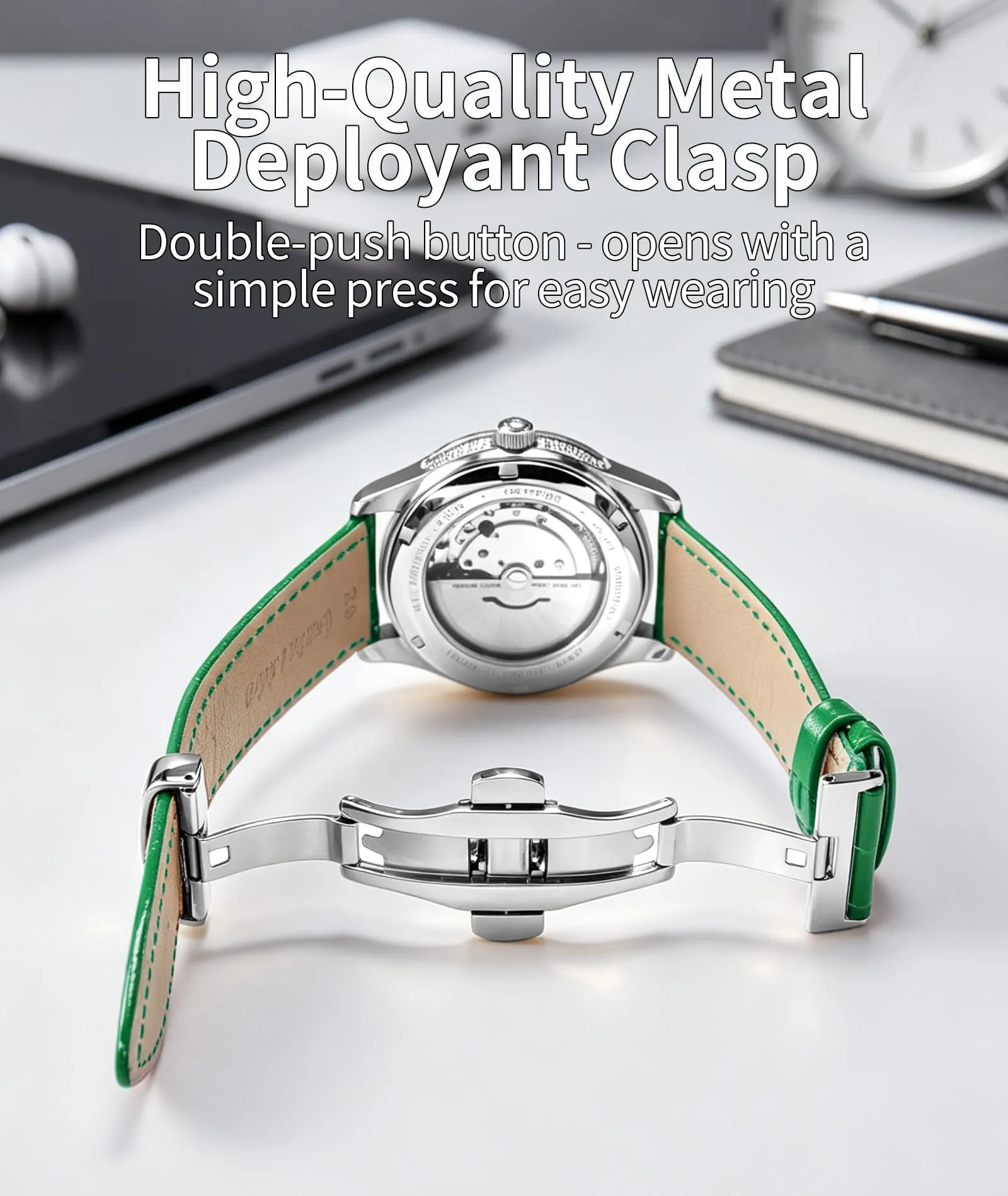 BINLUN Cinturino per Orologio in Pelle con Fibbia a Farfalla, Verde, Fibbia Argento, 16mm - immagine 3