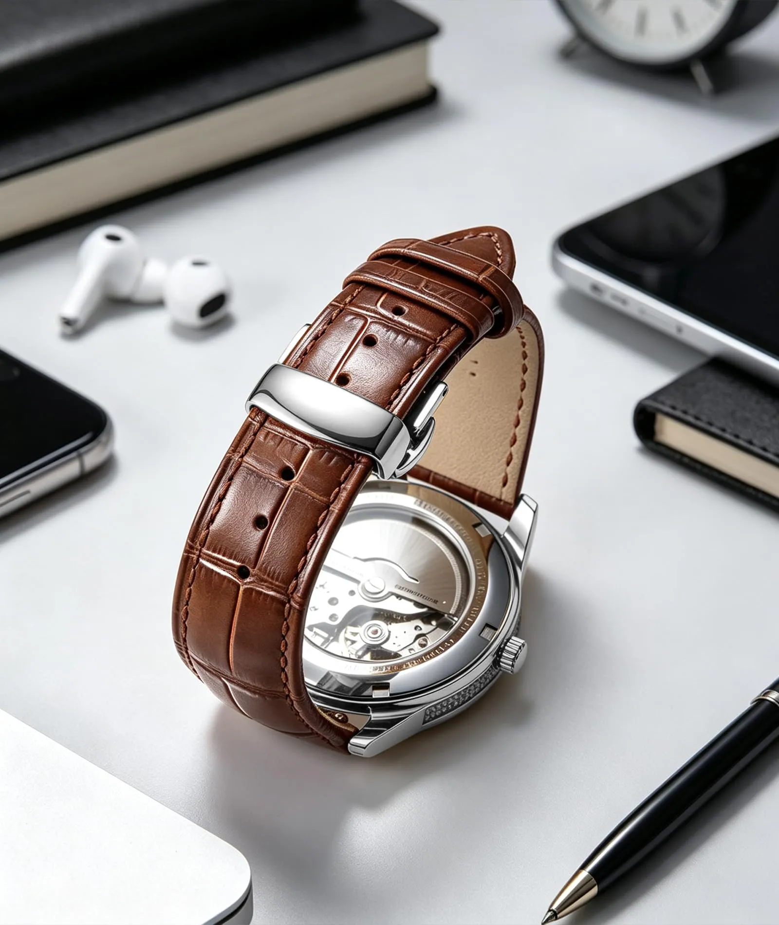 BINLUN Cinturino per Orologio in Pelle con Fibbia a Farfalla, Marrone-Fibbia D'argento, 21mm - immagine 4