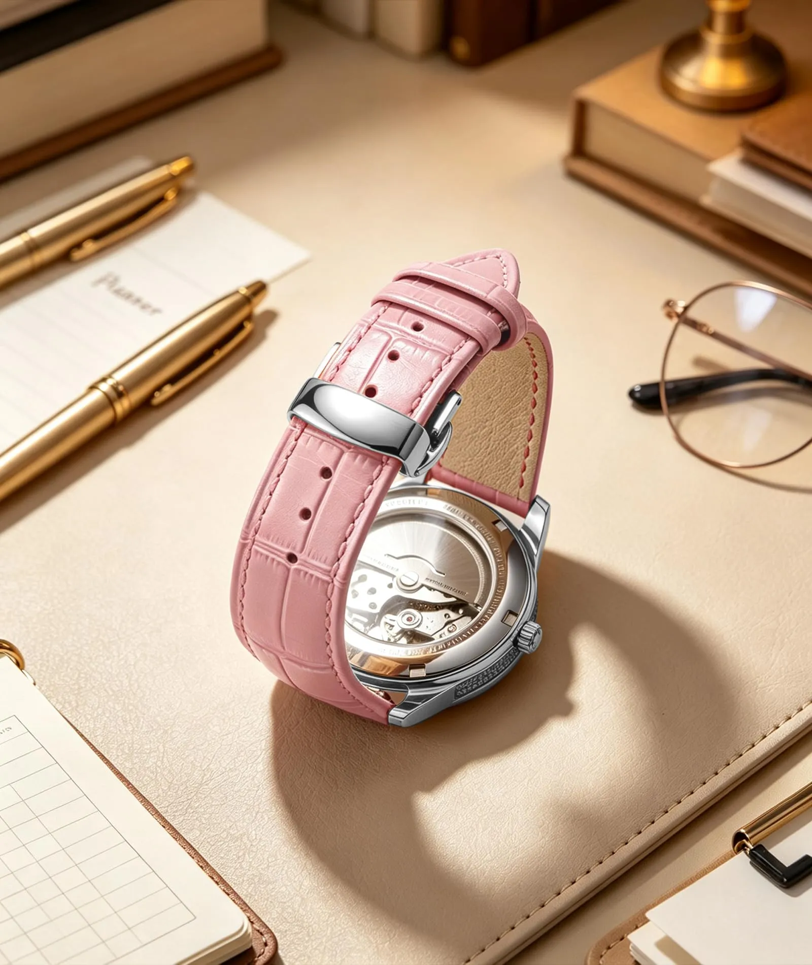 BINLUN Cinturino in Pelle per Orologio Unisex con Fibbia a Farfalla Argento, 20mm, Rosa - immagine 4