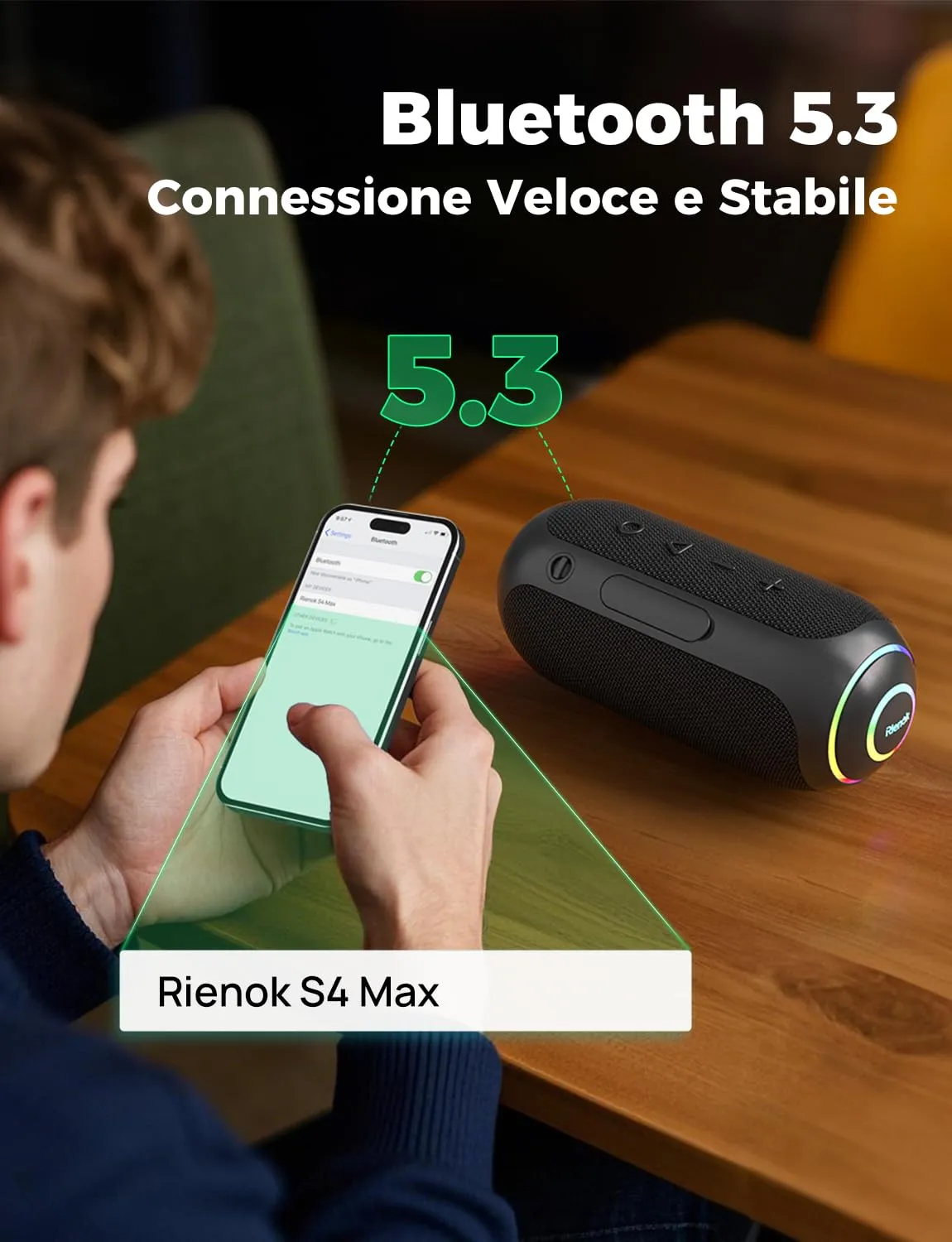 RIENOK S4 Max Cassa Bluetooth Portatile IPX7 Impermeabile, 30 Ore di Autonomia, Doppie Trombe, Luce LED, TF & AUX (Nero Antracite) - immagine 3