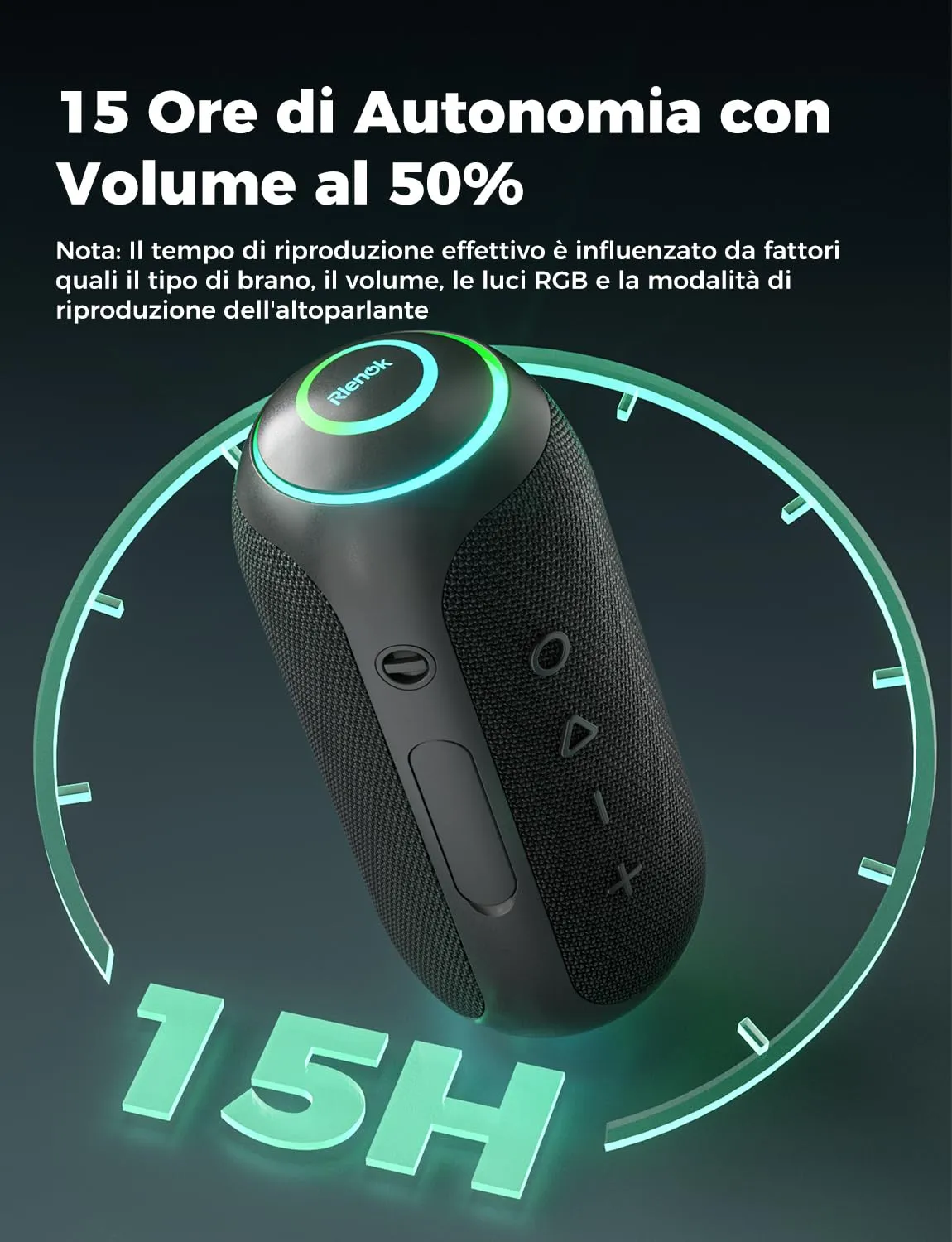 RIENOK S4 Max Cassa Bluetooth Portatile IPX7 Impermeabile, 30 Ore di Autonomia, Doppie Trombe, Luce LED, TF & AUX (Nero Antracite) - immagine 6