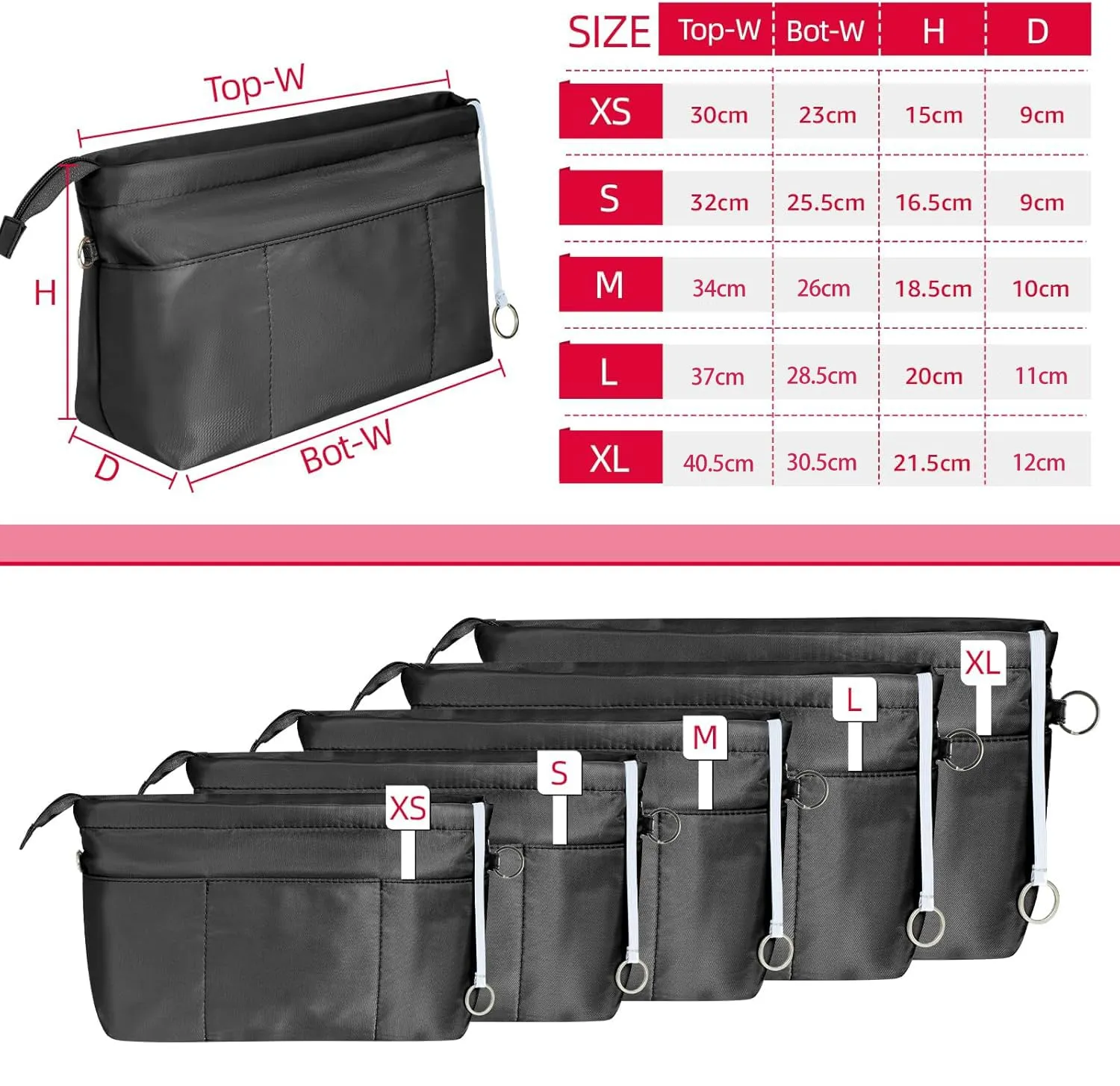 HyFanStr Nylon Bag Organizer with Zipper, Nero, Medium - immagine 6