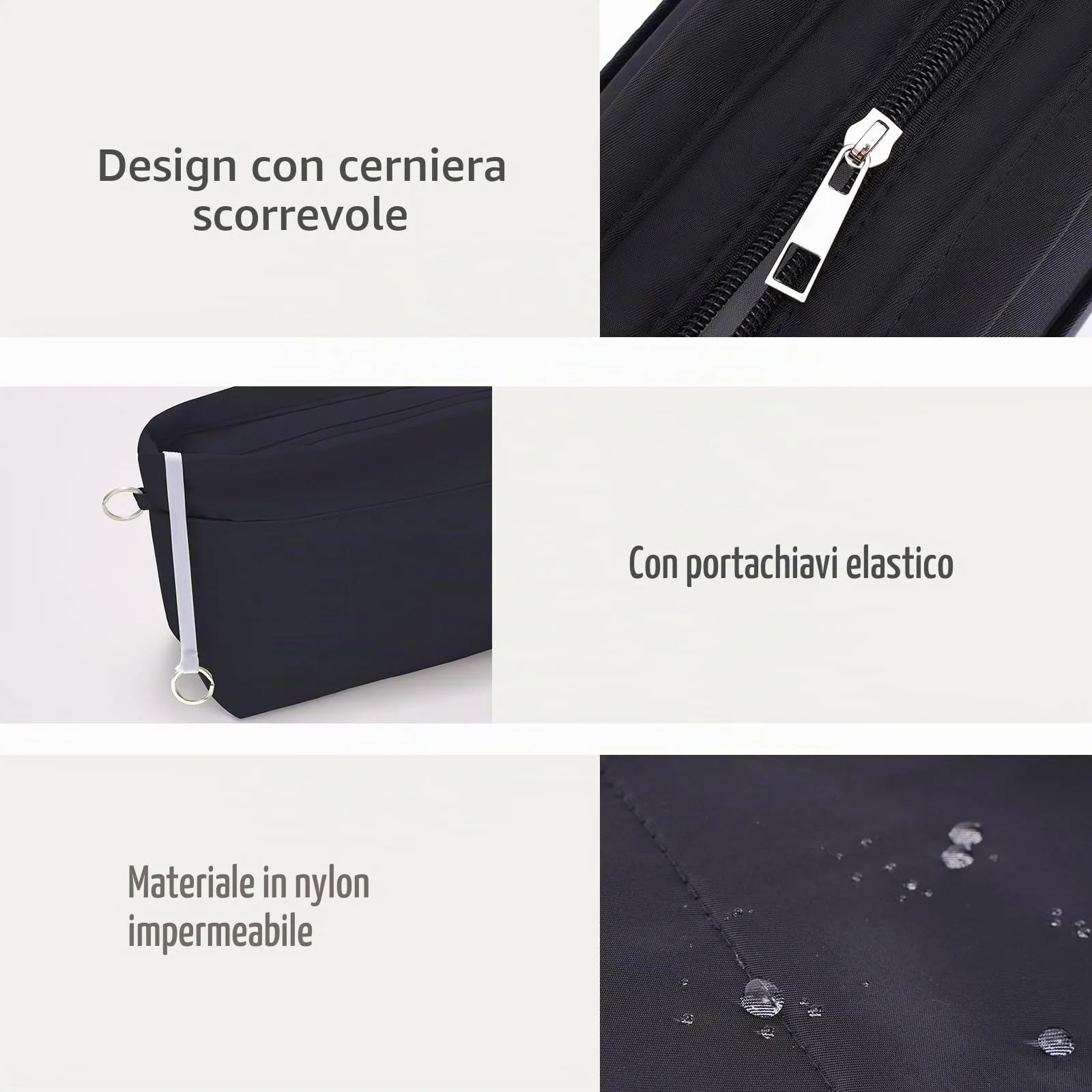 HyFanStr Nylon Bag Organizer with Zipper, Nero, Medium - immagine 8