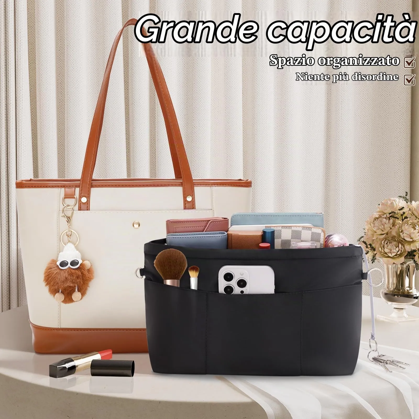 HyFanStr Organizer da Borsa in Nylon con Zip, Nero, XL - immagine 5