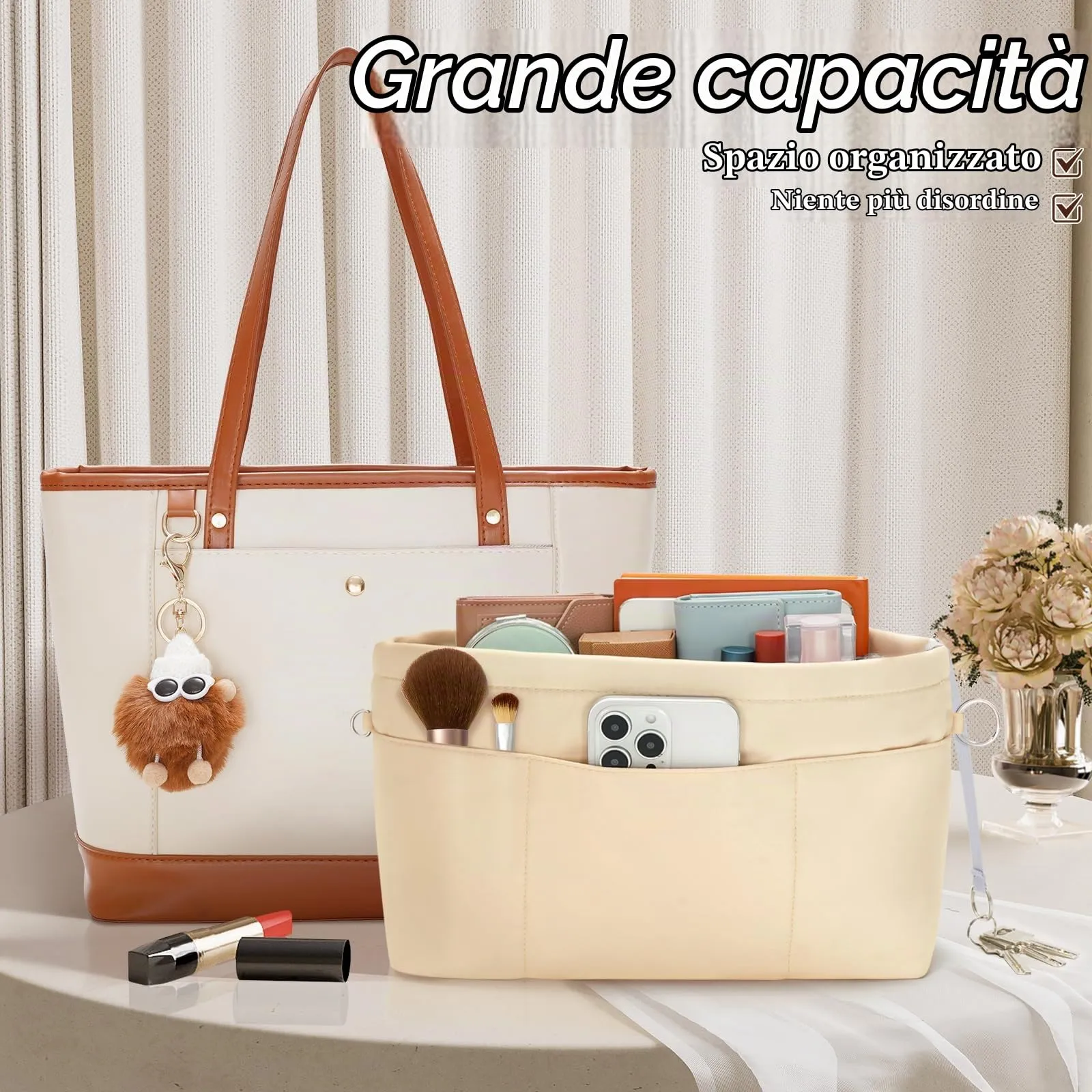HyFanStr Organizer da Borsa in Nylon con Zip, Beige, XS - immagine 5