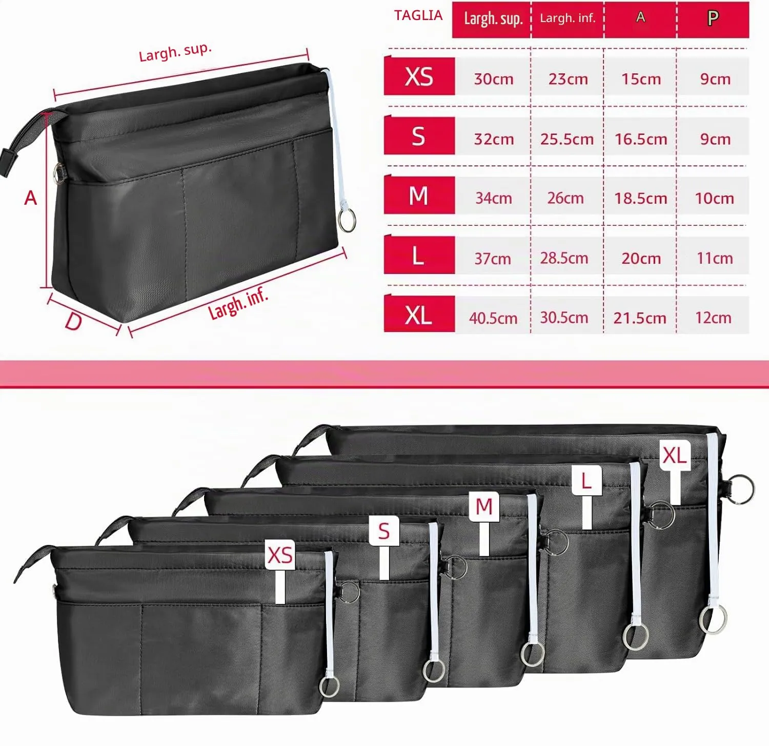 HyFanStr Nylon Bag Organizer with Zipper, Small, Nero - immagine 6