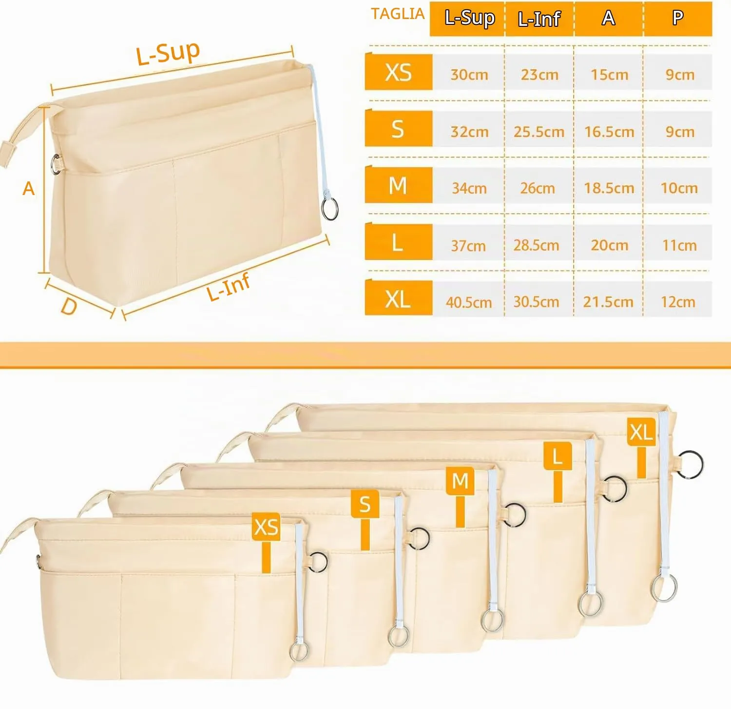 HyFanStr Nylon Bag Organizer with Inner Zip, Beige, Large - immagine 6