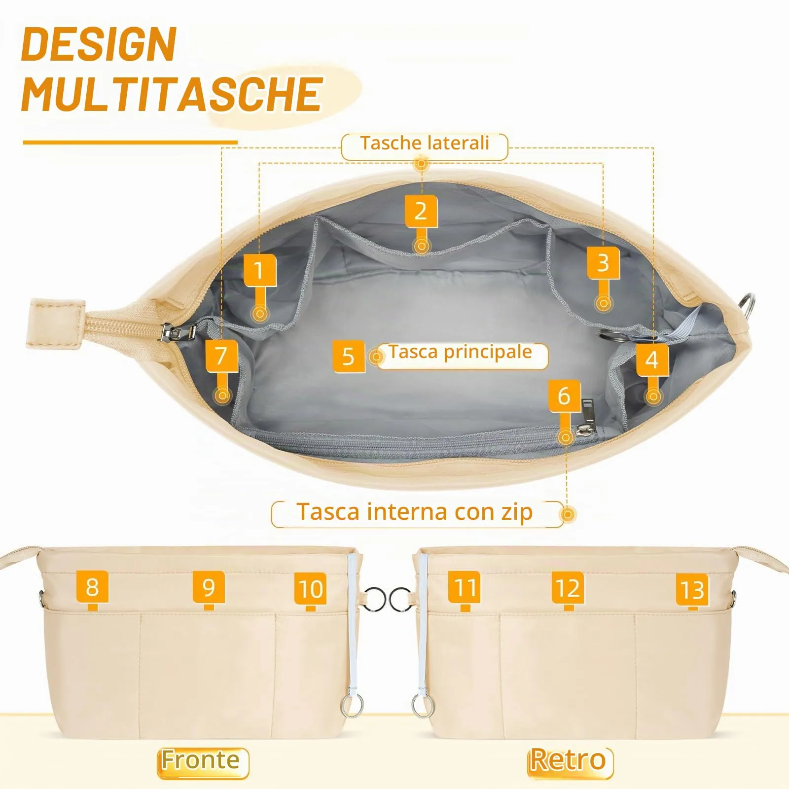 HyFanStr Nylon Bag Organizer with Zipper, Beige, XL - immagine 2