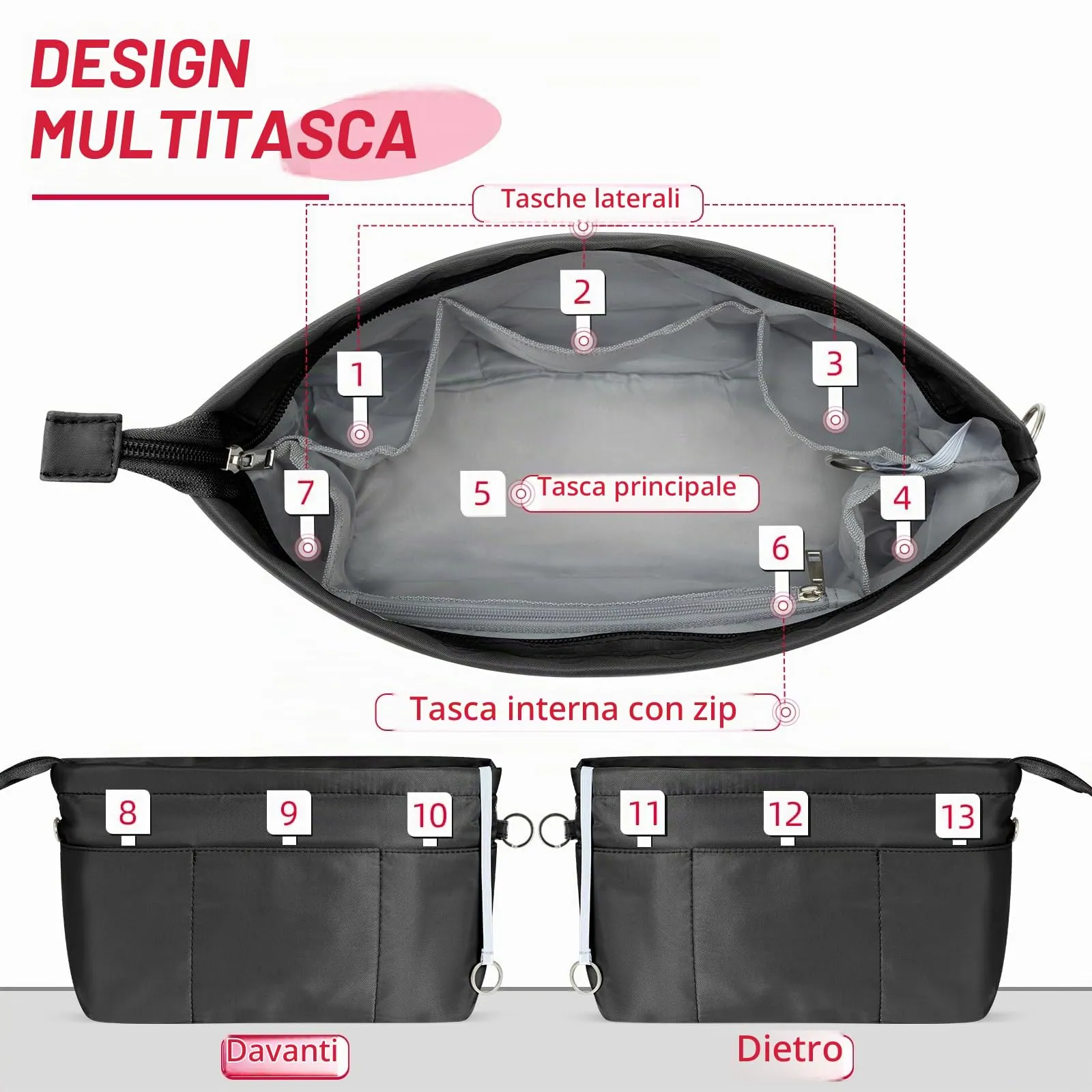 HyFanStr Organizer da Borsa in Nylon con Cerniera, Nero, Taglia L - immagine 2