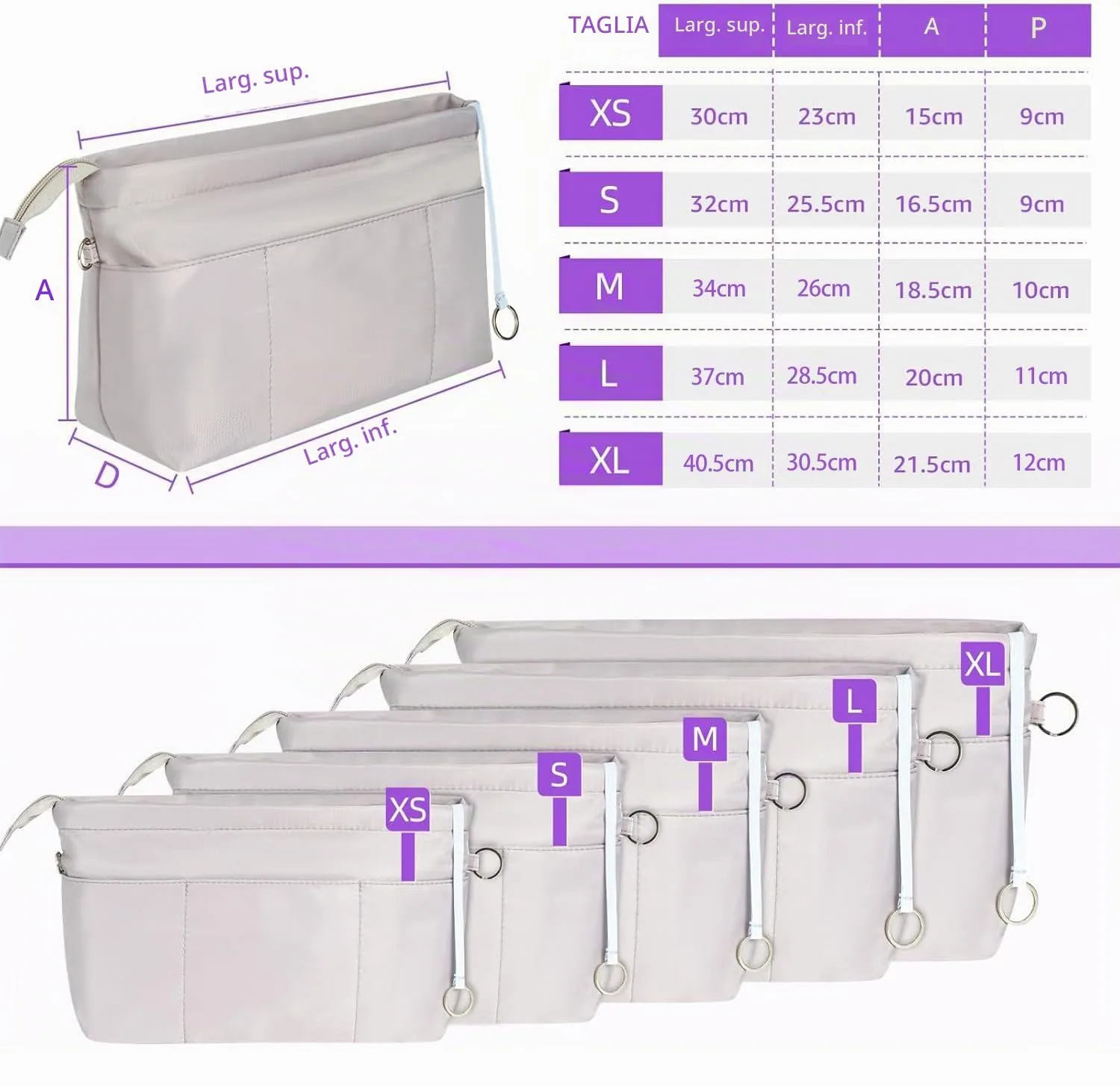 HyFanStr Organizzatore da Borsa in Nylon con Cerniera, Grigio, XS - immagine 6