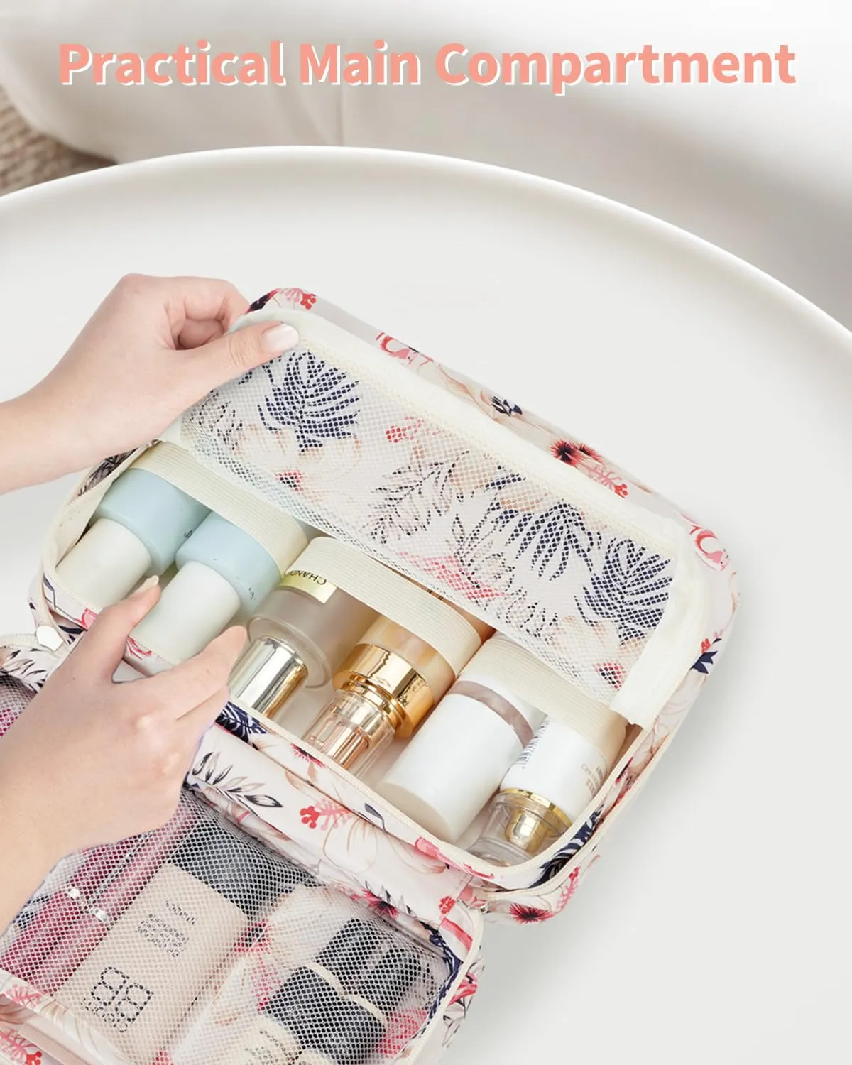 Narwey Beauty Case da Viaggio da Appendere, Borsa da Toilette e Trousse per Trucchi (Flamingo Beige) - immagine 3