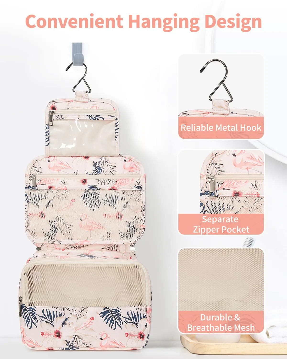 Narwey Beauty Case da Viaggio da Appendere, Borsa da Toilette e Trousse per Trucchi (Flamingo Beige) - immagine 4