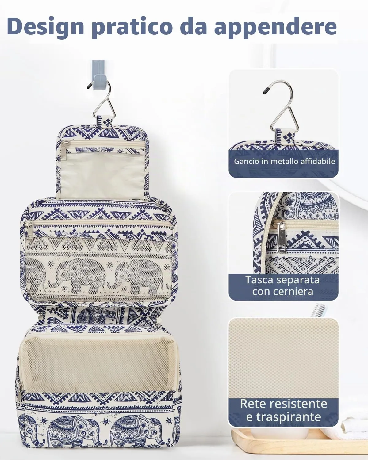 Narwey Beauty Case da Viaggio da Appendere, Borsa da Toilette e Trousse per Cosmetici (Elefante) - immagine 4