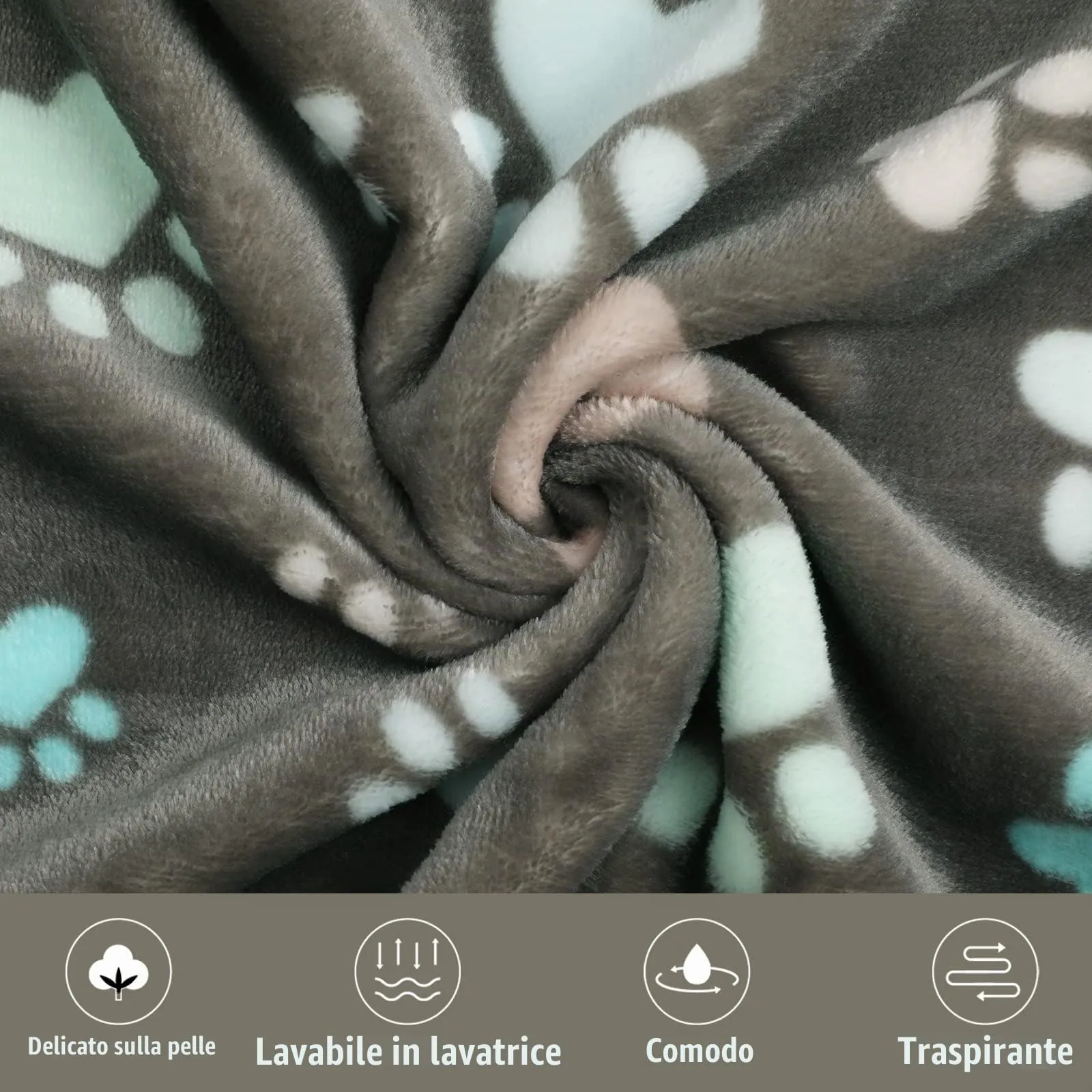 luciphia Coperta per Cane e Gatto in Flanella, 3 Pezzi, Grigio Zampe di Cuore, Medium (76 x 52cm) - immagine 2