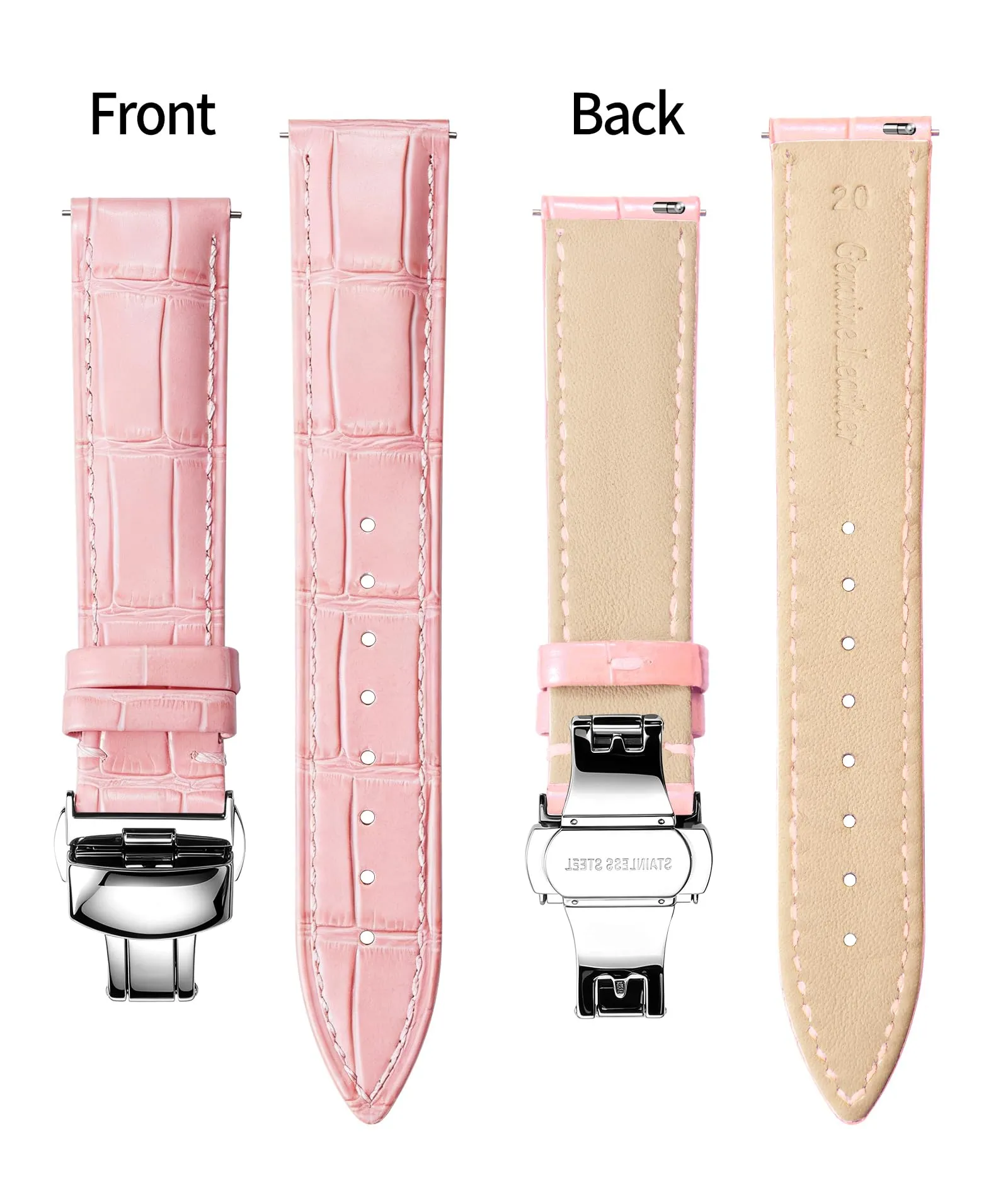 BINLUN Cinturino per Orologio in Pelle con Fibbia a Farfalla Argento, Rosa, 13mm - immagine 2