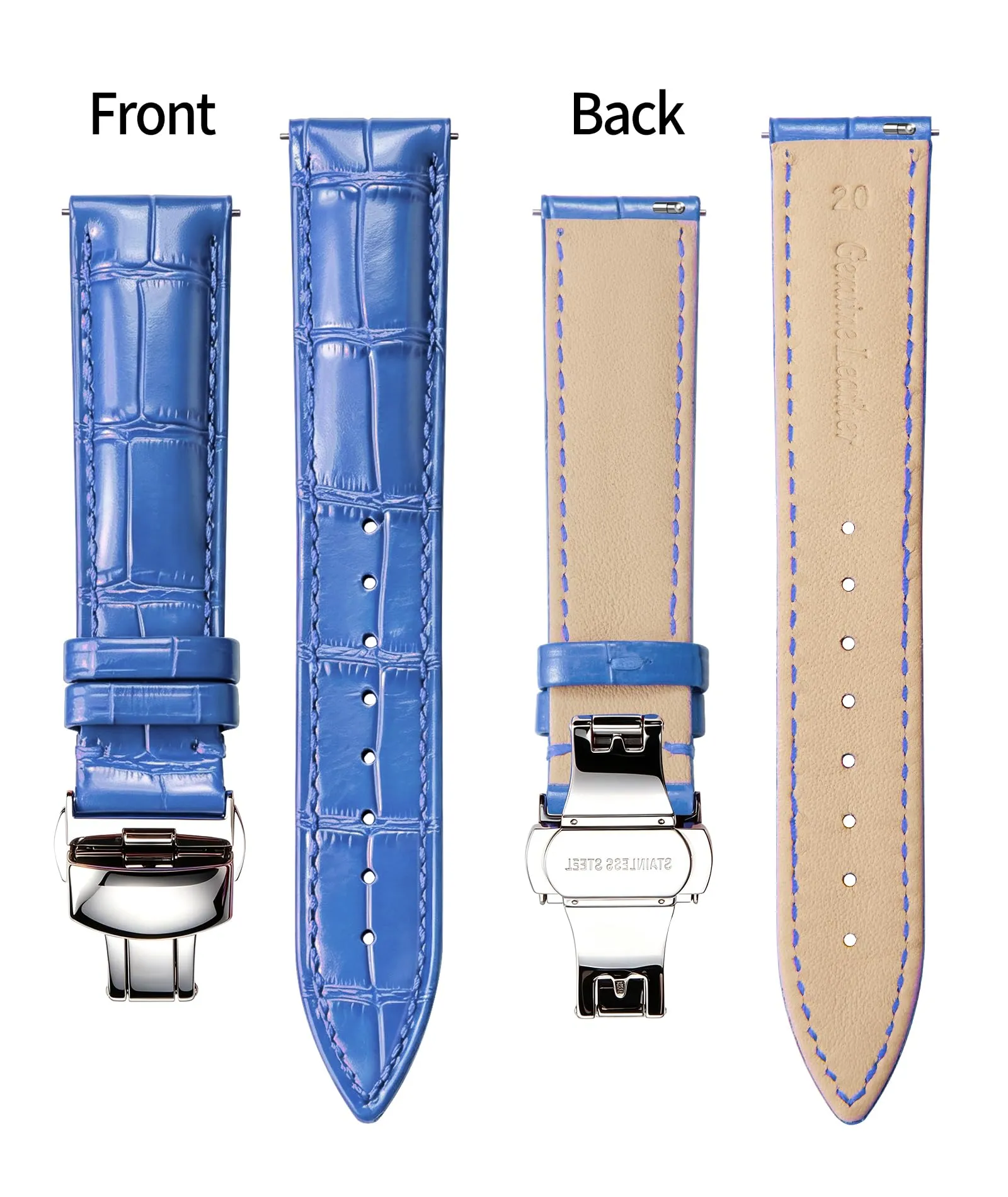 BINLUN Cinturino per Orologio in Pelle con Fibbia a Farfalla, 13mm, Blu-Fibbia D'argento - immagine 2