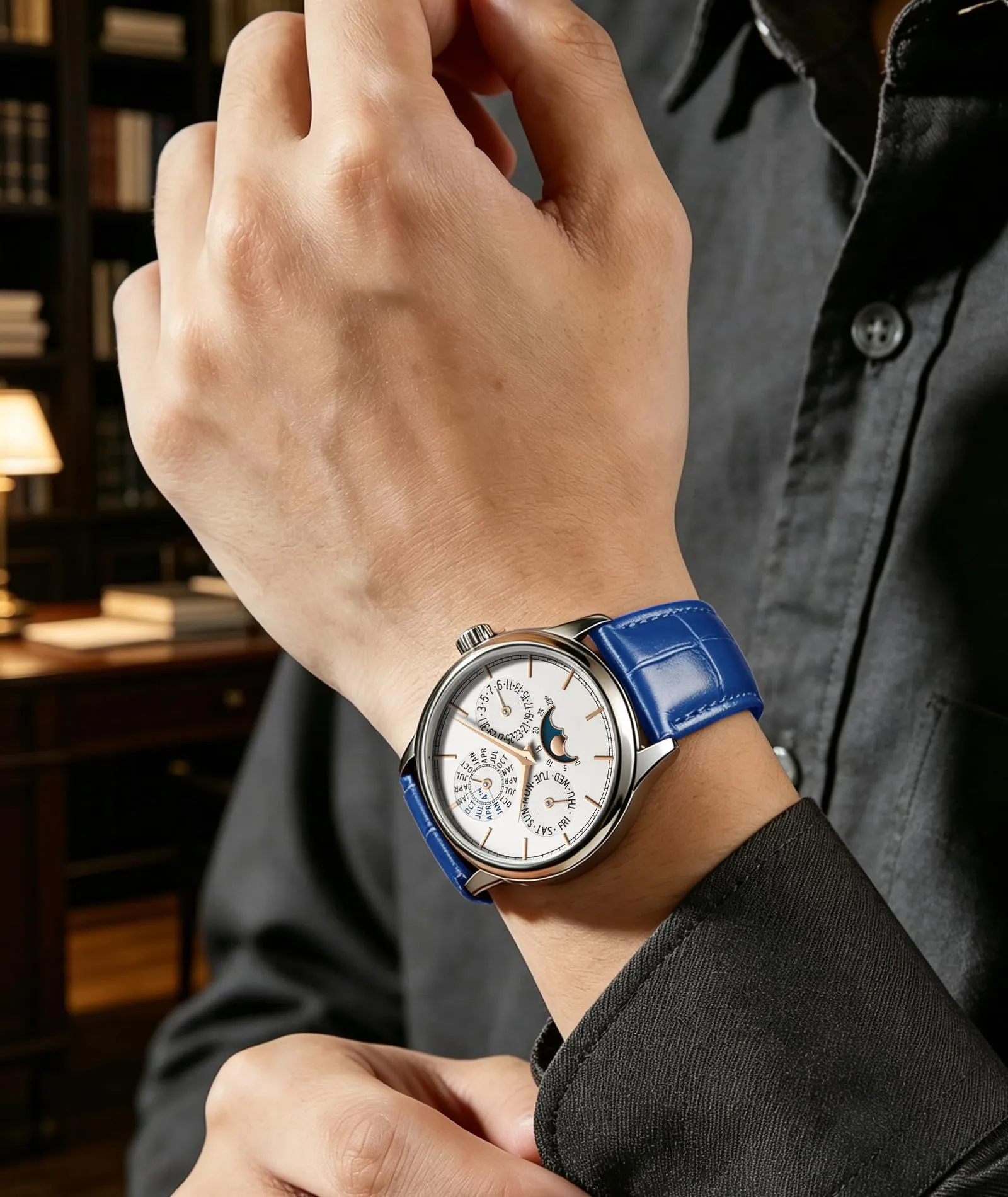 BINLUN Cinturino per Orologio in Pelle con Fibbia a Farfalla, 13mm, Blu-Fibbia D'argento - immagine 5