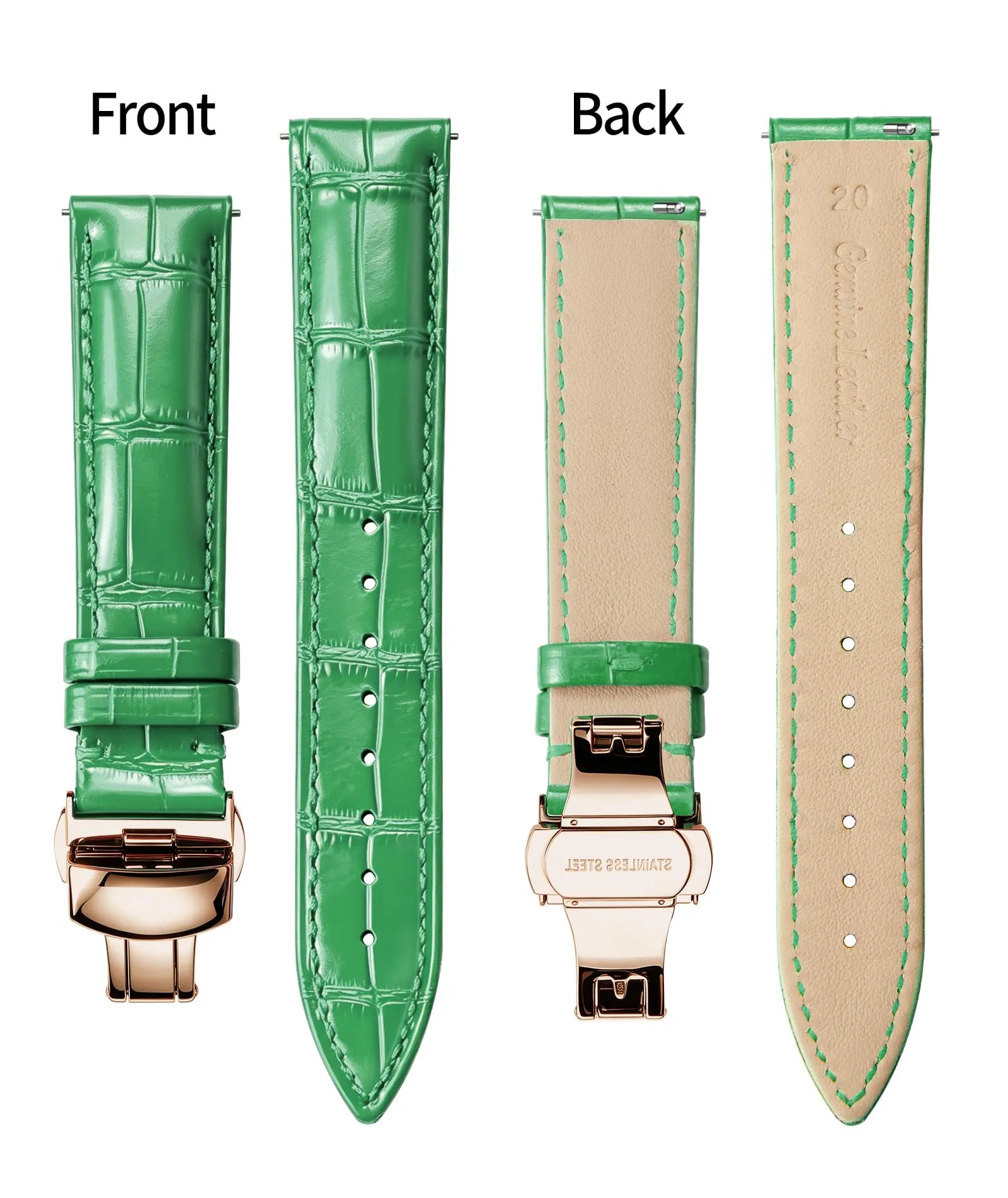 BINLUN Cinturino per Orologio in Pelle con Fibbia a Farfalla, 19mm, Verde e Oro Rosa - immagine 2